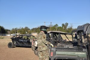 A service member assigned to the 17th Training Wing prepares for the Recreational Off-Highway Vehicle Association course practical exercise, Goodfellow Air Force Base, Texas, Oct. 17, 2023. Goodfellow’s decision to integrate them into their training curriculum signifies a growing recognition of the importance of ROHV operations in military and civilian contexts. (U.S. Air Force photo by Airman James Salellas)