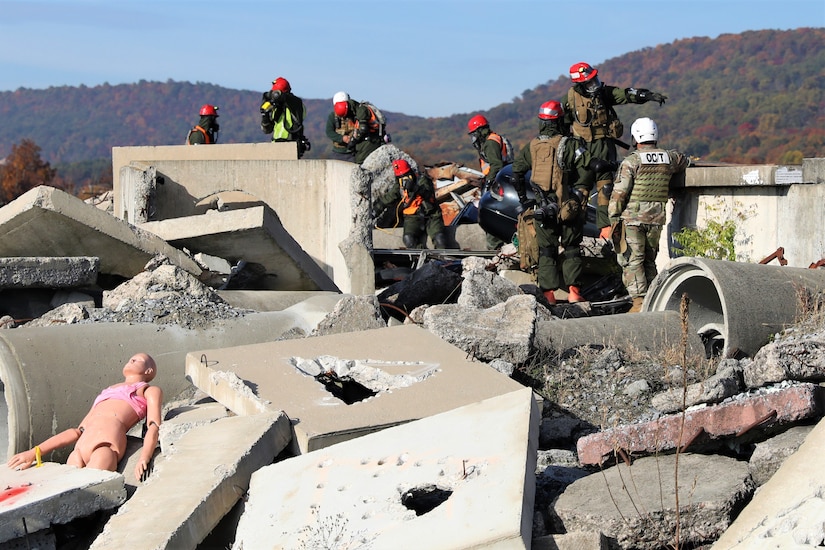 U.S. Soldiers and Airmen with the Pennsylvania National Guard's Homeland Response Force prove their capabilities during an external evaluation exercise at Fort Indiantown Gap, Pennsylvania, Oct. 26, 2023. Service members with the HRF were tested on their response to Chemical, Biological, Radiological and Nuclear (CBRN) events. (U.S. Army National Guard photo by Spc. Aliyah Vivier)