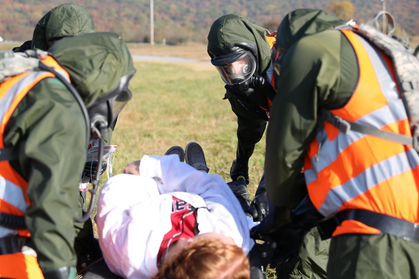 U.S. Soldiers and Airmen with the Pennsylvania National Guard's Homeland Response Force prove their capabilities during an external evaluation exercise at Fort Indiantown Gap, Pennsylvania, Oct. 26, 2023. Service members with the HRF were tested on their response to Chemical, Biological, Radiological and Nuclear (CBRN) events. (U.S. Army National Guard photo by Spc. Aliyah Vivier)