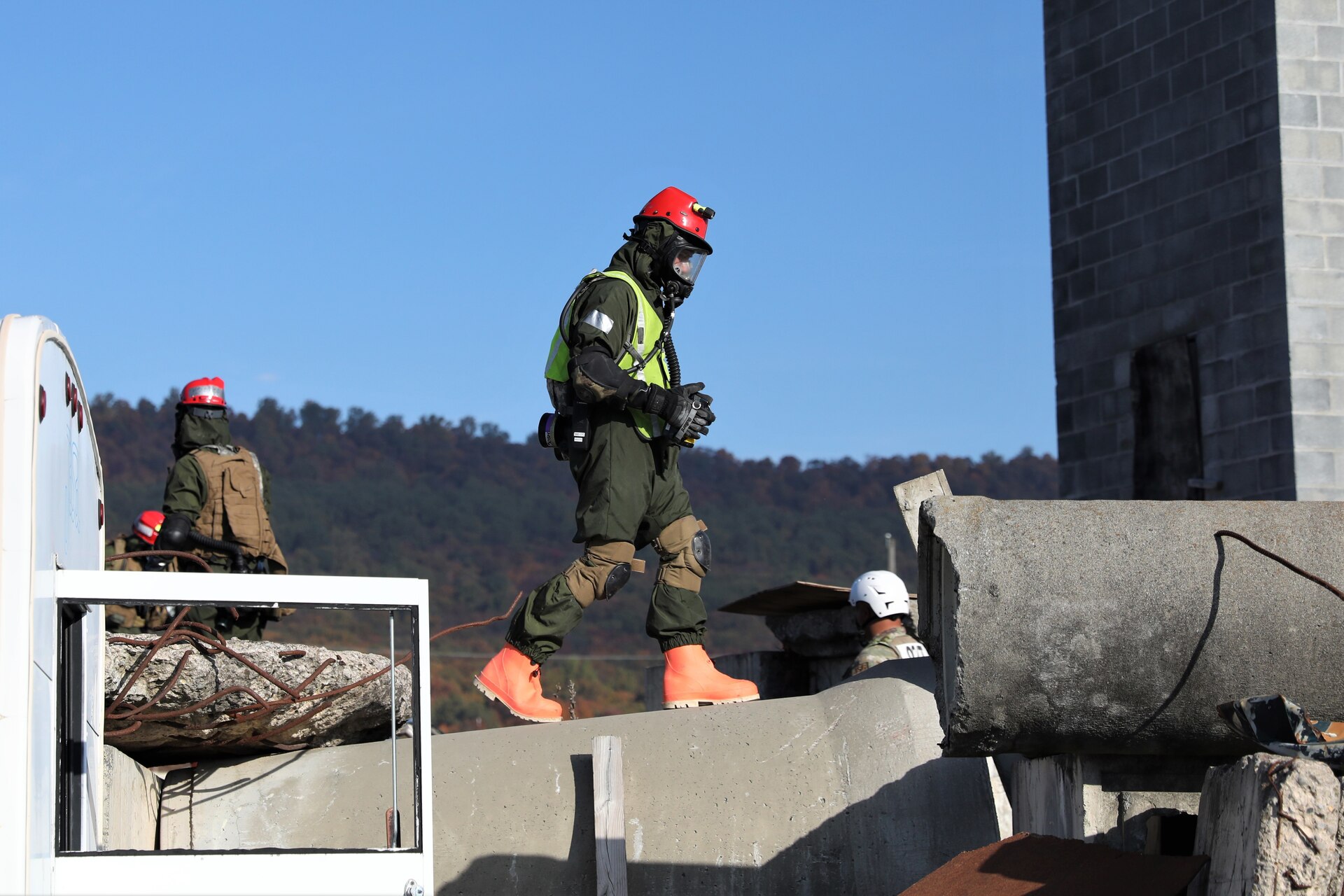 U.S. Soldiers and Airmen with the Pennsylvania National Guard's Homeland Response Force prove their capabilities during an external evaluation exercise at Fort Indiantown Gap, Pennsylvania, Oct. 26, 2023. Service members with the HRF were tested on their response to Chemical, Biological, Radiological and Nuclear (CBRN) events. (U.S. Army National Guard photo by Spc. Aliyah Vivier)