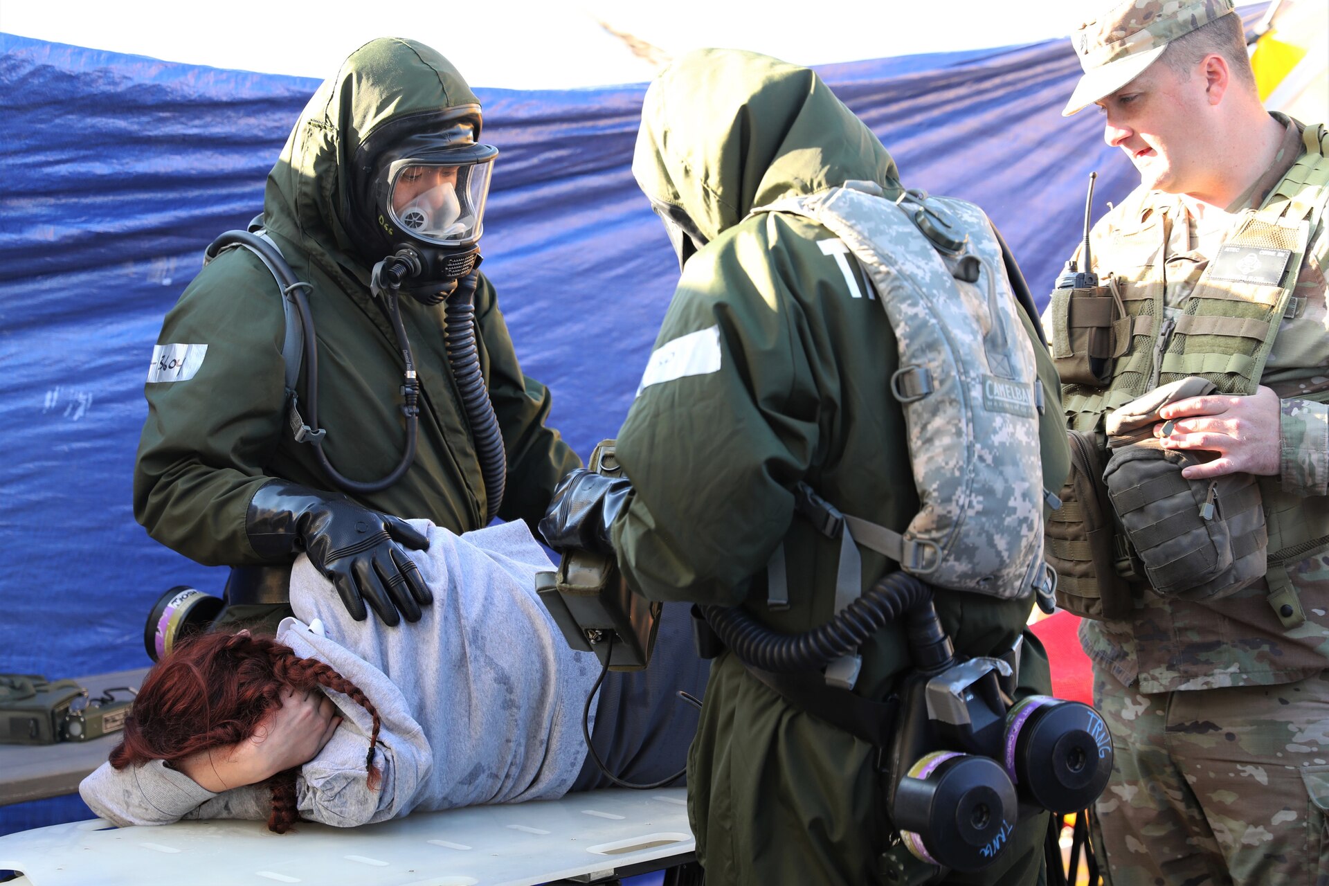 U.S. Soldiers and Airmen with the Pennsylvania National Guard's Homeland Response Force prove their capabilities during an external evaluation exercise at Fort Indiantown Gap, Pennsylvania, Oct. 26, 2023. Service members with the HRF were tested on their response to Chemical, Biological, Radiological and Nuclear (CBRN) events. (U.S. Army National Guard photo by Spc. Aliyah Vivier)