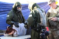 U.S. Soldiers and Airmen with the Pennsylvania National Guard's Homeland Response Force prove their capabilities during an external evaluation exercise at Fort Indiantown Gap, Pennsylvania, Oct. 26, 2023. Service members with the HRF were tested on their response to Chemical, Biological, Radiological and Nuclear (CBRN) events. (U.S. Army National Guard photo by Spc. Aliyah Vivier)