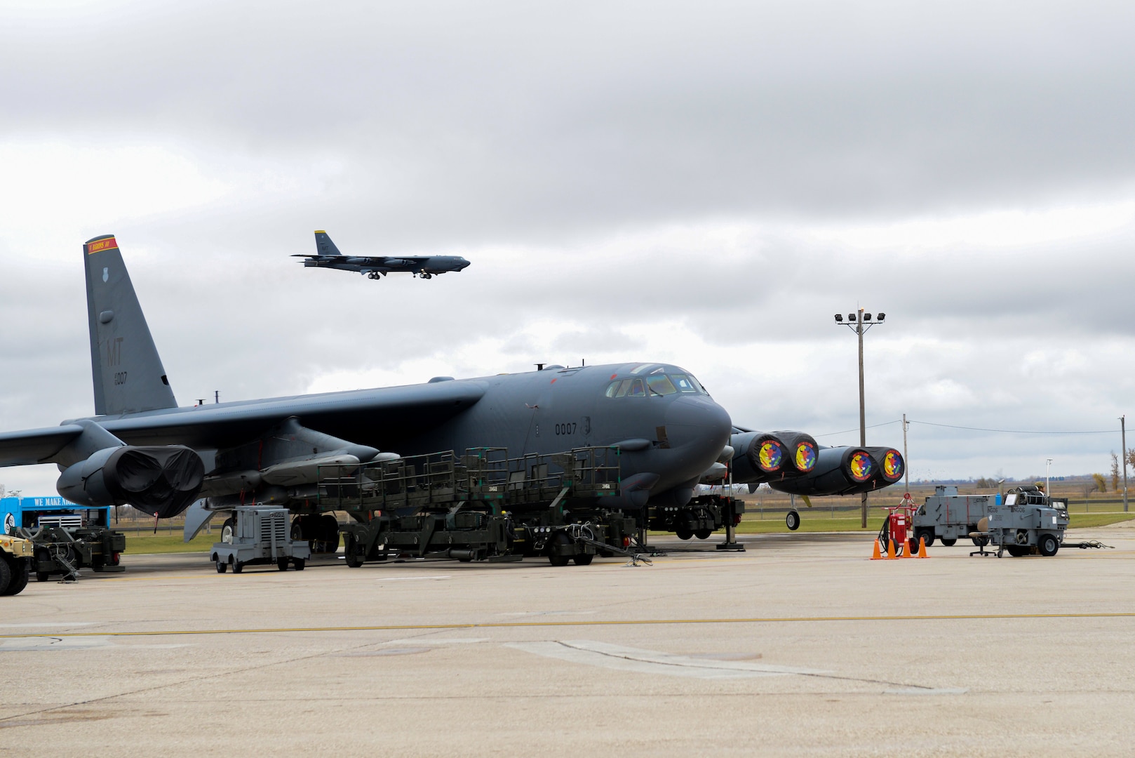 A B-52H Stratofortress, assigned to the 69th Bomb squadron, lands on the flight line during Exercise Prairie Vigilance 23-1 at Minot Air Force Base, North Dakota, Oct. 23, 2023. Prairie Vigilance promotes resilience, innovation, competitiveness and process improvement, all talents required to address the complex issues of today. (U.S. Air Force photo by Airman 1st Class Alyssa Bankston)