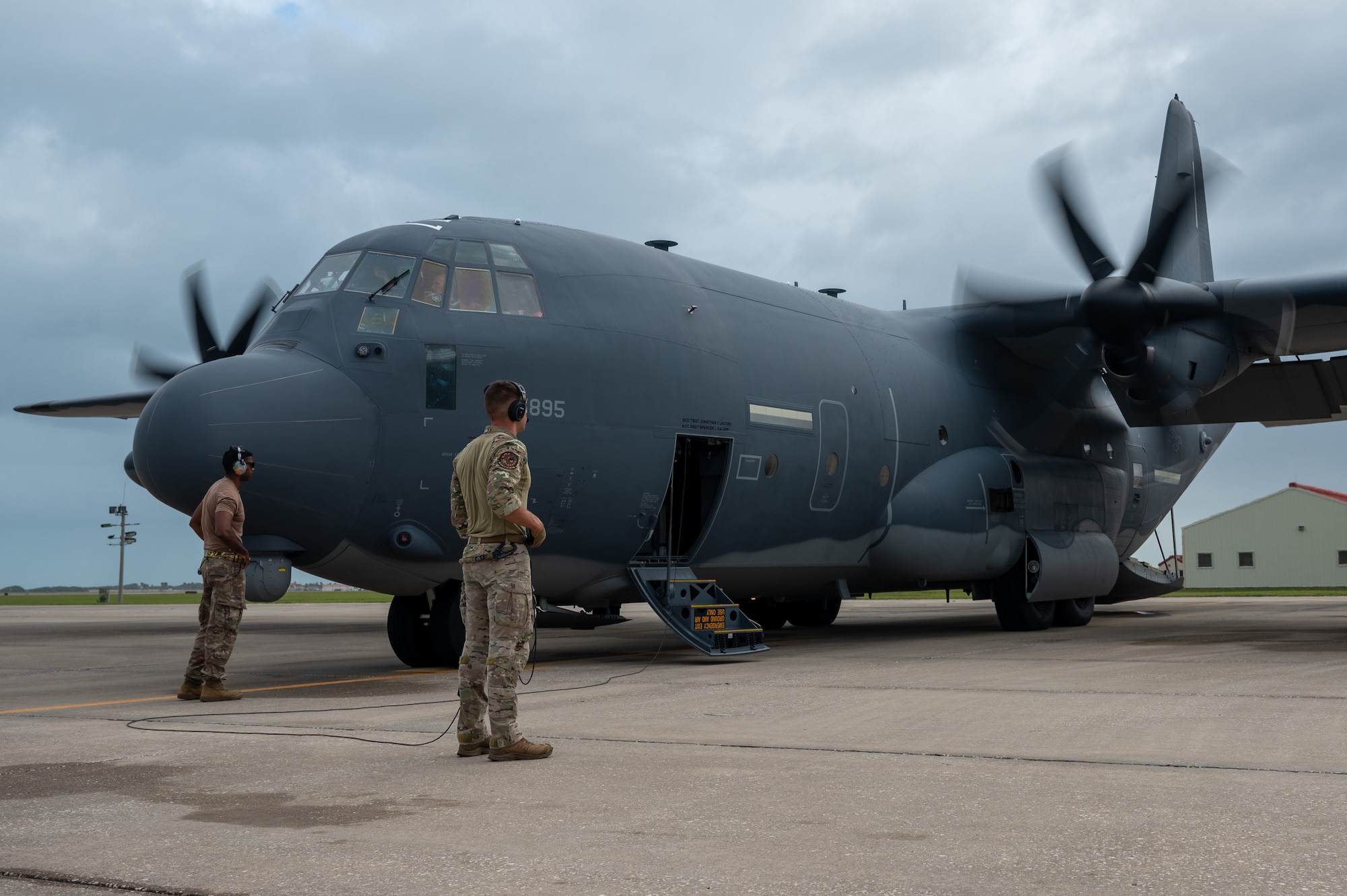 Airmen assigned to the 920th Rescue Wing perform preflight procedures on an HC-130J Combat King II at Patrick Space Force Base, Florida, Oct. 26, 2023.
