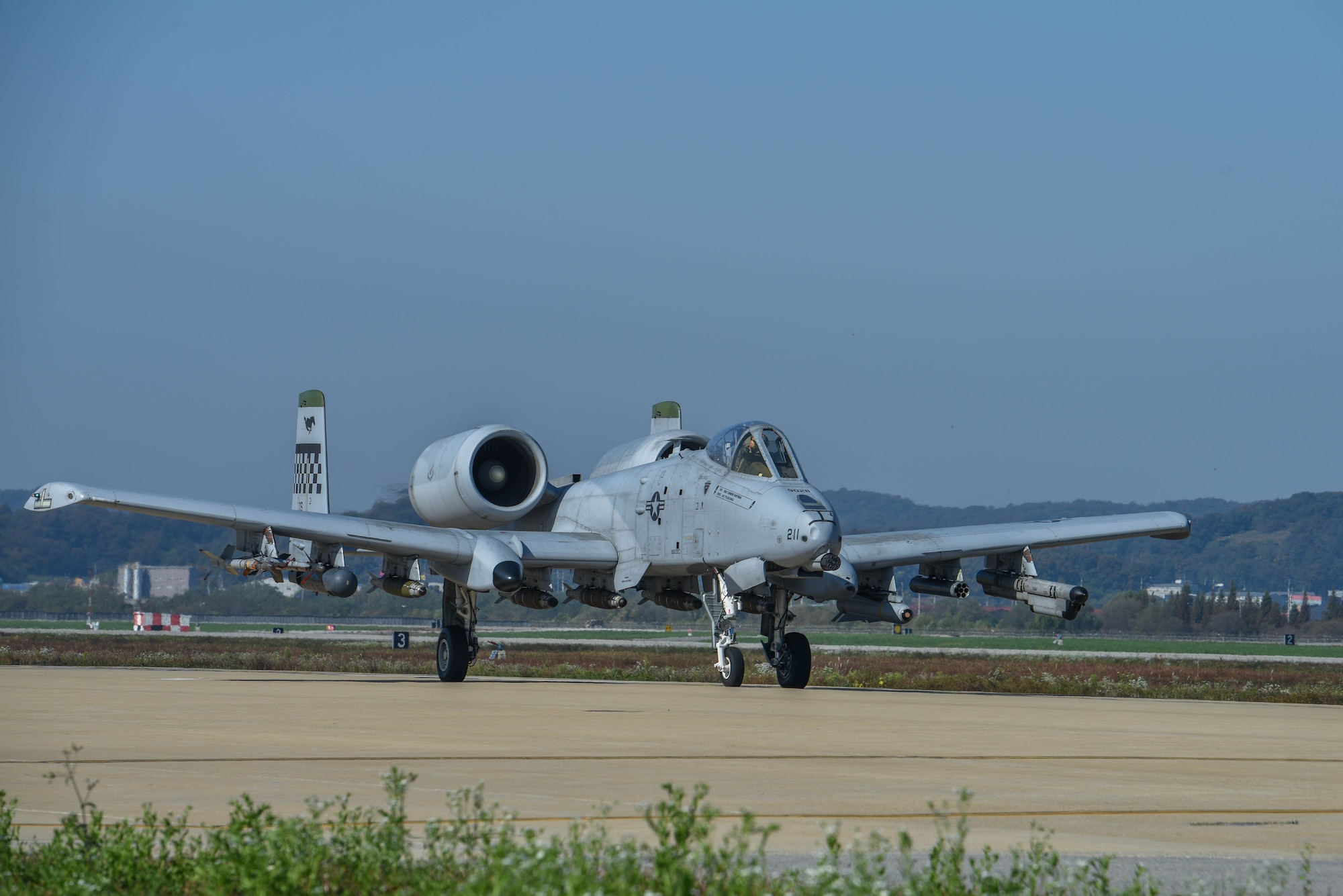 An A-10C Thunderbolt II from the 25th Fighter Squadron, taxis the runway during Vigilant Defense 24 at Osan Air Base, Republic of Korea, Oct. 29, 2023. The aircraft generation demonstrated the 51st Fighter Wing’s rapid generation capabilities and response readiness, ensuring the wing remains ready to “Fight Tonight”. VD24 is a routine training event that tests the military capabilities across the peninsula, allowing combined and joint training at both the operational and tactical levels. (U.S. Air Force photo by Airman 1st Class Chase Verzaal)