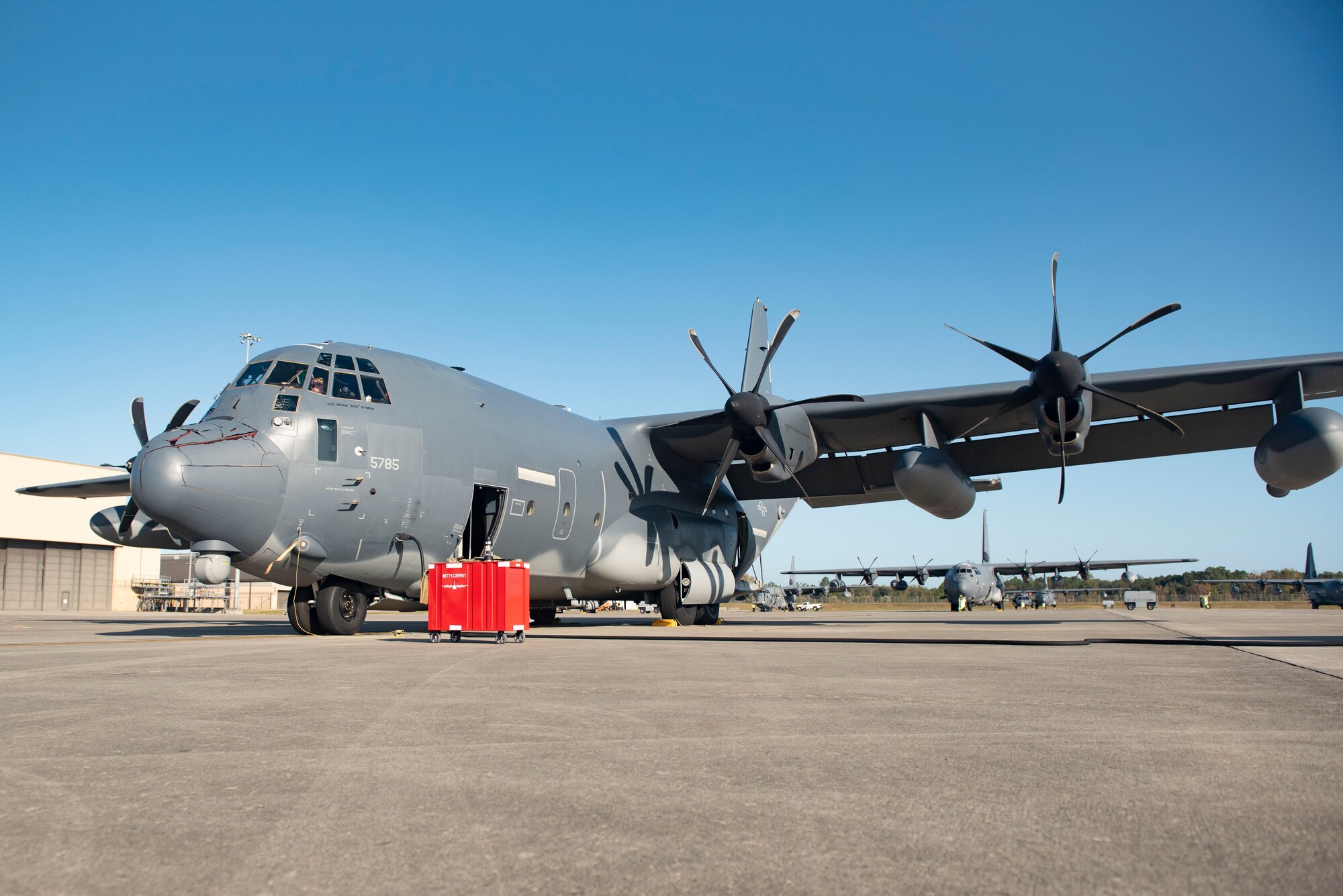 An HC-130J Combat King II aircraft prepares for takeoff at Moody Air Force Base, Georgia, Oct. 26, 2023. The HC-130J Combat King II aircraft allows rescue assets from Moody AFB to be rapidly deployed worldwide. (U.S. Air Force photo by Staff Sgt. Thomas Johns)
