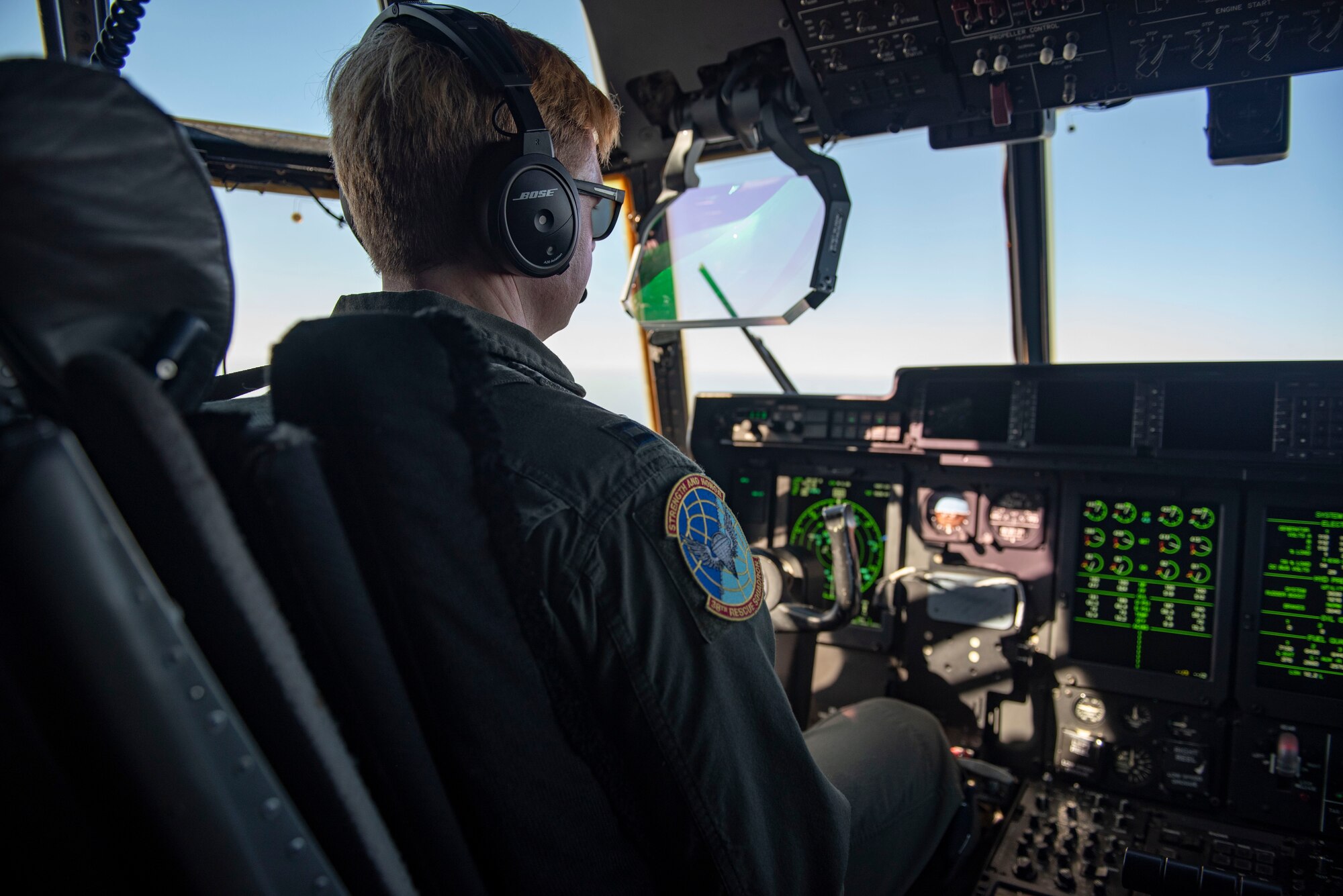 U.S. Air Force Captain Devin Scott, 38th Rescue Squadron assistant director of operations, pilots an HC-130J Combat King II above Hurlburt Field, Florida, Oct. 26, 2023. Pilots of the 38th RQS are trained to take-off and land in uncertain environments and in austere locations. (U.S. Air Force photo by Staff Sgt. Thomas Johns)