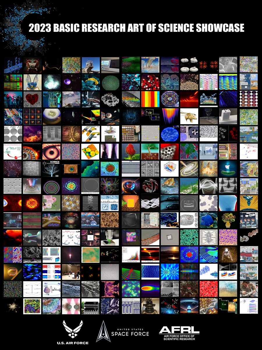 The photo collage pictured represents some of the more than 200 basic research-inspired art submissions that are currently on digital display for the 2023 Basic Research Art of Science Showcase. The 2023 showcase submissions, currently available to view online, celebrate 71 years of technological innovation from the Air Force Research Laboratory’s, or AFRL, Air Force Office of Scientific Research, or AFOSR. (U.S. Air Force photo illustration / Cherie Cullen)