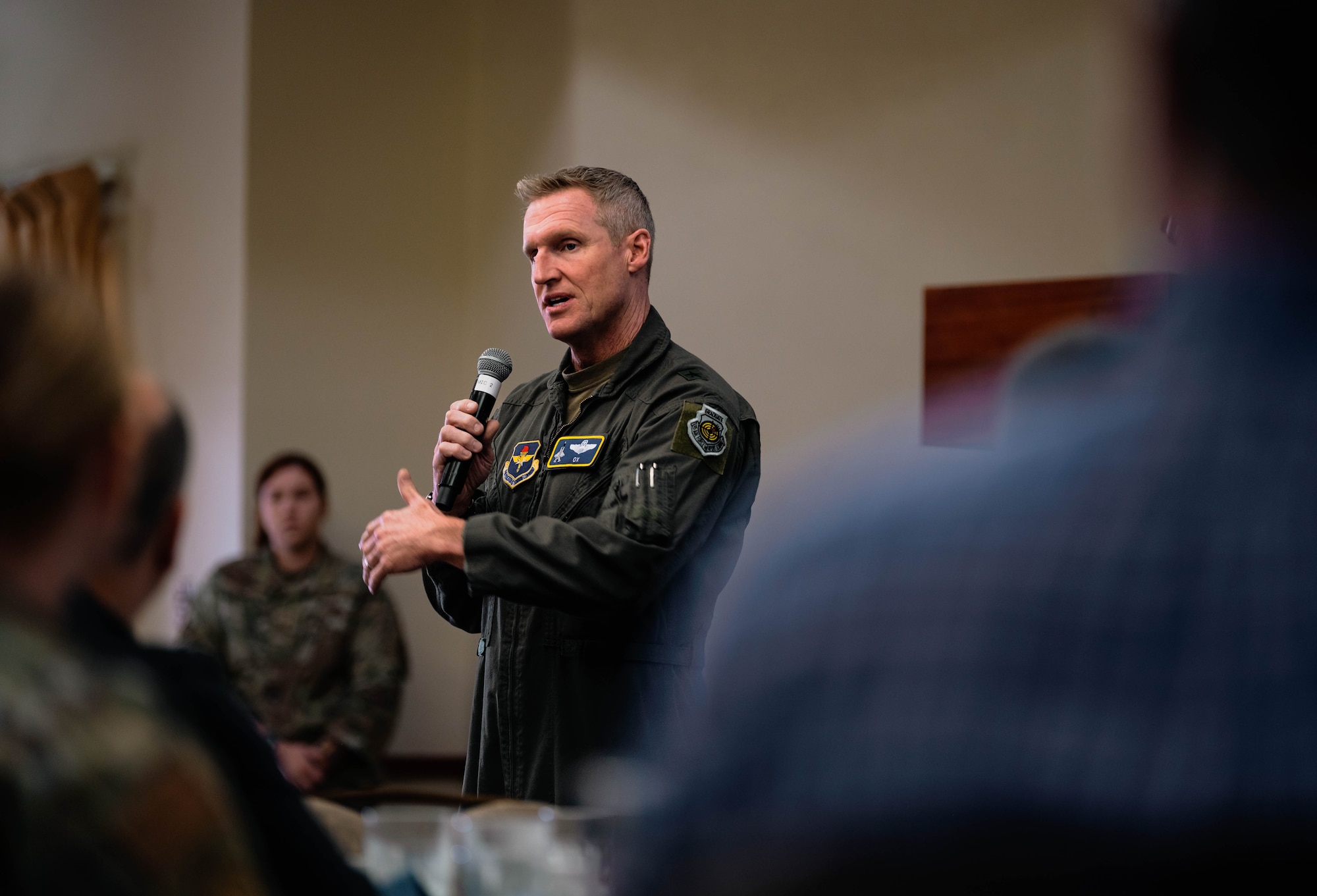 U.S. Air Force Brig. Gen. Jason Rueschhoff, 56th Fighter Wing commander gives opening remarks for the honorary commanders’ overnight experience