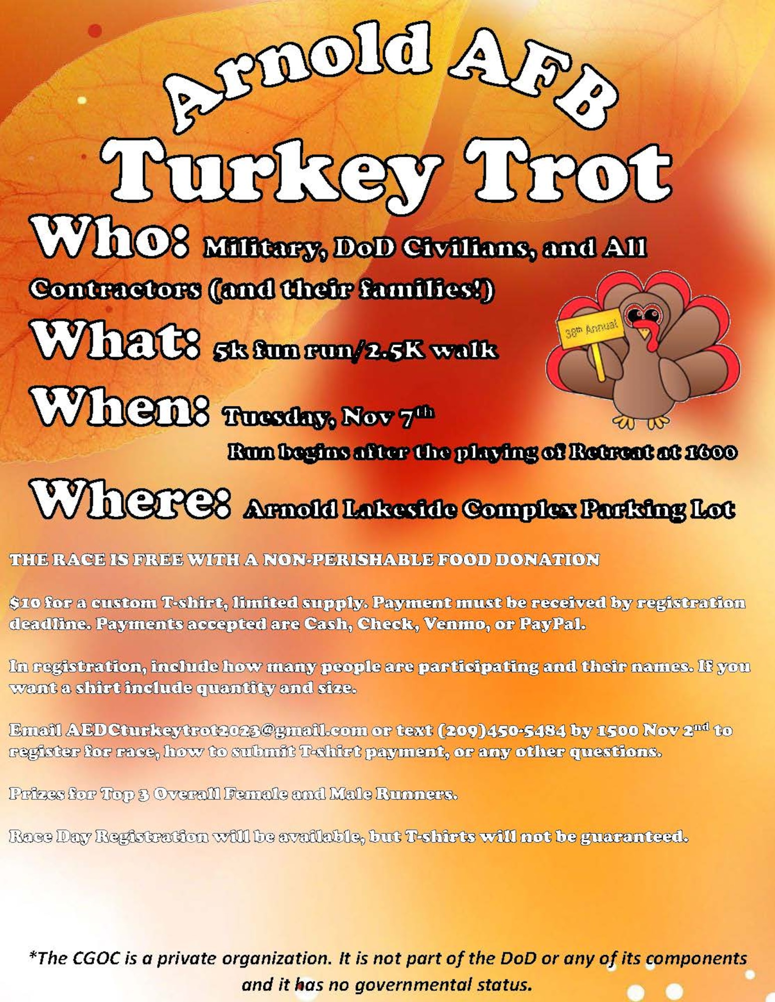 The 2023 Arnold Engineering Development Complex Turkey Trot will take place Nov. 7, 2023, at the Arnold Lakeside Complex on Arnold Air Force Base. (U.S. Air Force graphic)
