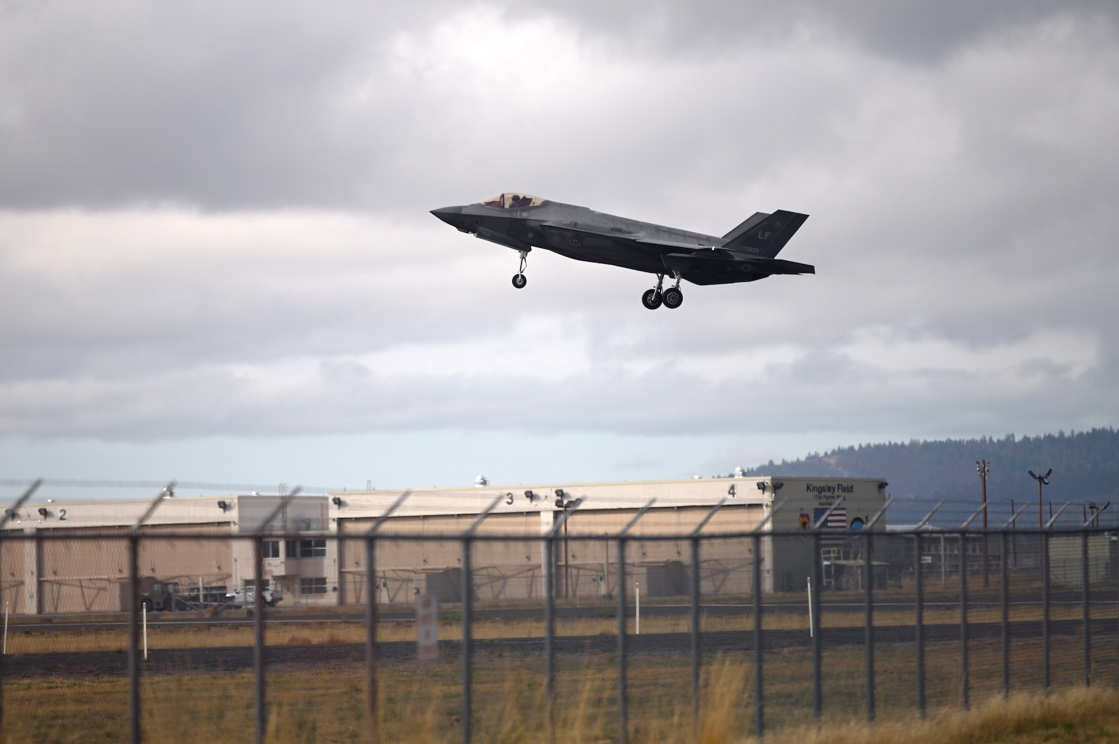 A U.S. Air Force F-35 Lightning II from Luke Air Force Base, Arizona, approches the runway at Kingsley Field in Klamath Falls, Oregon, Oct. 26, 2023. This is the third time the 56th Fighter Wing from Luke AFB spent two weeks in Oregon flying and training with the F-15s from the 173rd Fighter Wing, Oregon Air National Guard.