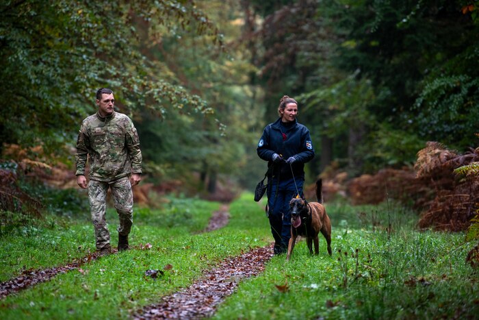 A U.S. Airmen and a German police officer holding a working dog on a leash walk along a grassy forest path.