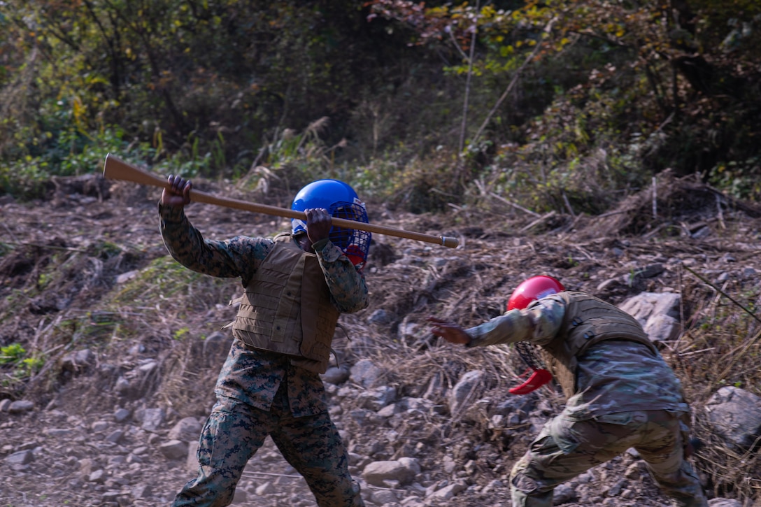 Sgt. Maj. Rupert Palmer with 3rd Sustainment Group participates in weapons of opportunity drills during Mongudai at Rodriguez Live Fire Complex, Republic of Korea, October 19, 2023. Mongudai is a training evolution hosted by U.S. Forces Korea to increase comradery among senior enlisted service members from the Republic of Korea and U.S. alike while completing various challenges and physical events as a team.