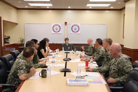 Joint Task Force-Red Hill (JTF-RH) Commander, U.S. Navy Vice Adm. John Wade, briefs Janet McCabe, the Environmental Protection Agency deputy, Oct. 28, 2023 at Joint Base Pearl Harbor-Hickam, Hawaii.