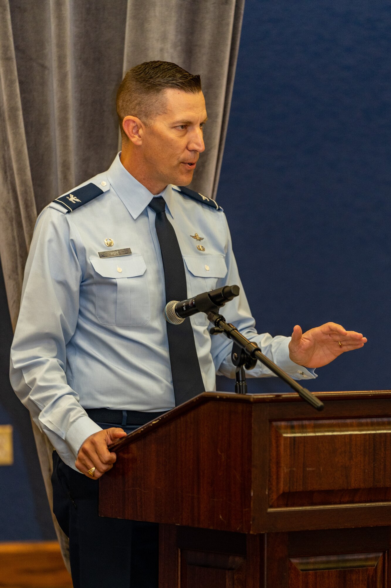 U.S. Air Force Col. Billy Pope Jr., 81st Training Wing commander, gives his remarks during the 2023 State of Keesler Morning Call at Keesler Air Force Base, Mississippi, Oct. 31, 2023.