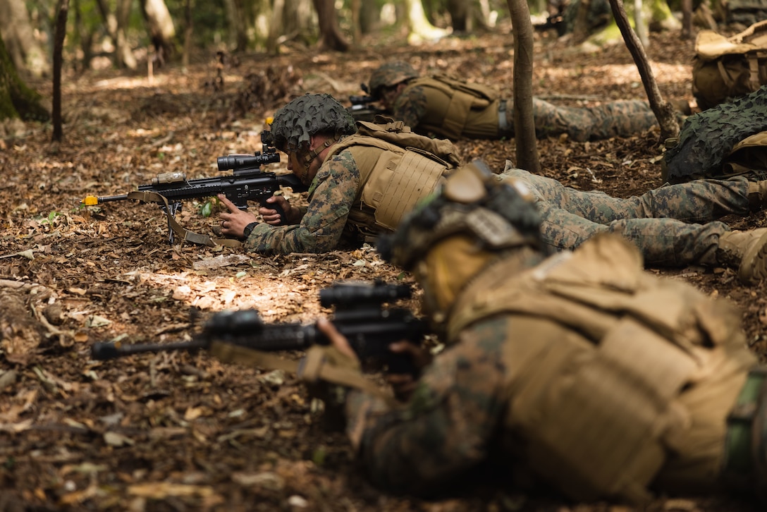 U.S. Marines with 2nd Battalion, 2nd Marine Regiment, set security for force-on-force training during the field training exercise portion of Resolute Dragon 23 at Hijyudai Maneuver Area, Oita, Japan, Oct. 24, 2023. RD 23 is an annual bilateral exercise in Japan that strengthens the command, control, and multi-domain maneuver capabilities of Marines in III Marine Expeditionary Force and allied Japan Self-Defense Force personnel. 2nd Battalion, 2nd Marine Regiment, is currently forward deployed in the Indo-Pacific under 4th Marine Regiment, 3d Marine Division.