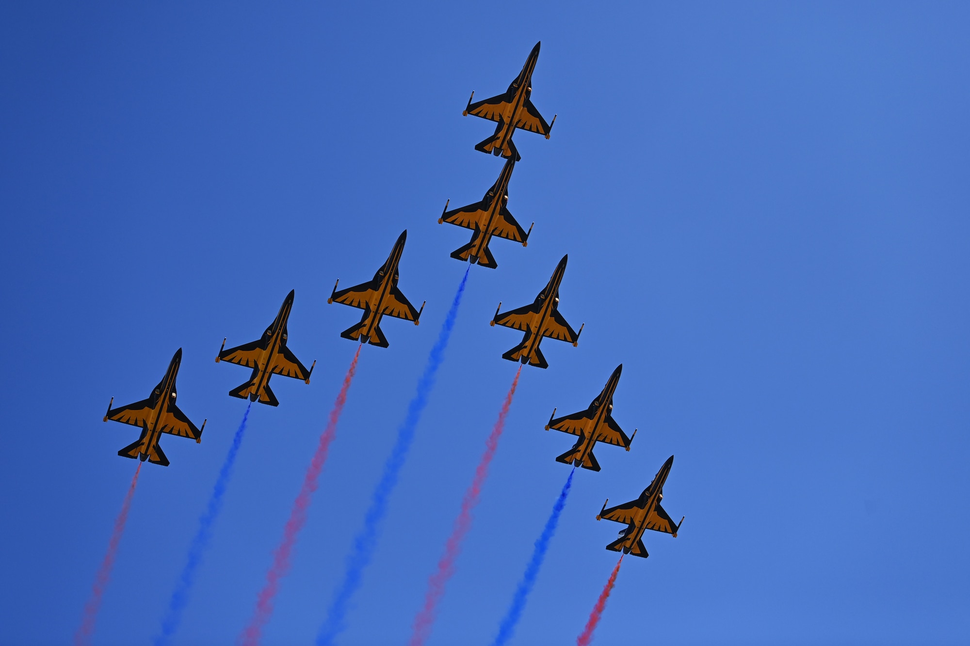 The Republic of Korea Air Force 53rd Air Demonstration Group, nicknamed the Black Eagles, perform aerial maneuvers during the 2023 Seoul International Aerospace and Defense Exhibition at Seoul Air Base, Republic of Korea, Oct. 21, 2023.
