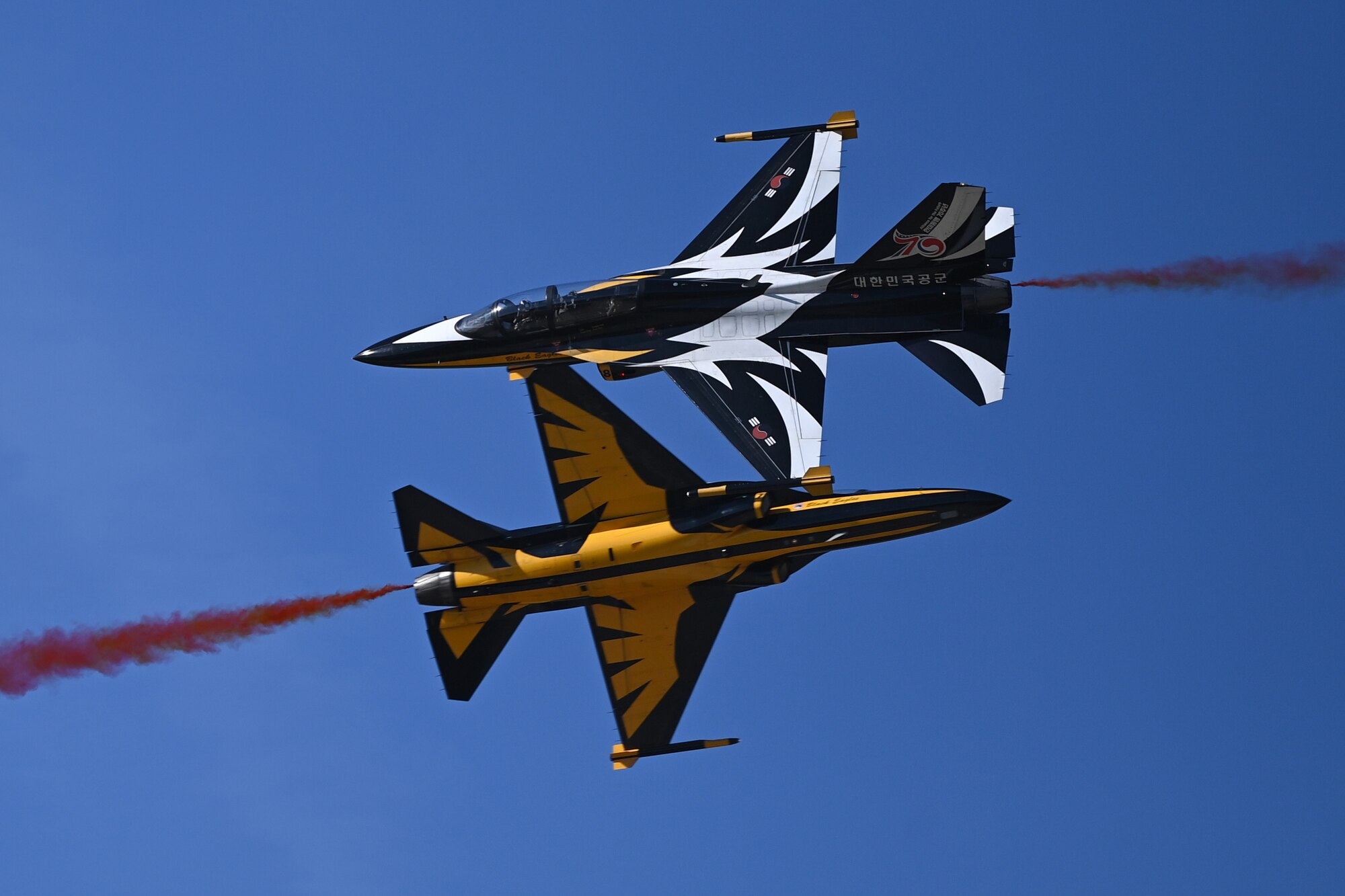 The Republic of Korea Air Force 53rd Air Demonstration Group, nicknamed the Black Eagles, conduct a high-speed pass during the 2023 Seoul International Aerospace and Defense Exhibition at Seoul Air Base, Republic of Korea, Oct. 22, 2023.