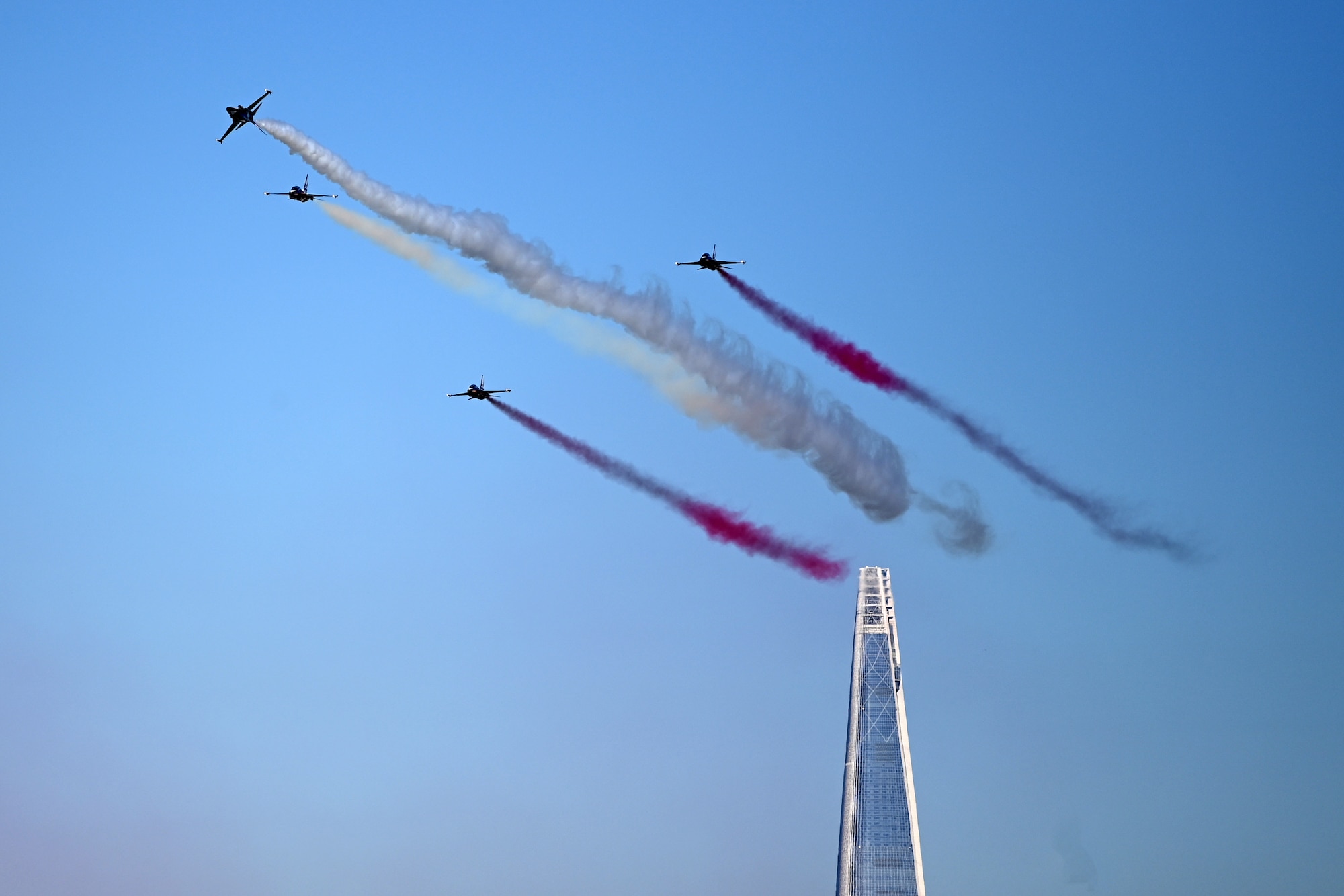 The Republic of Korea Air Force 53rd Air Demonstration Group, nicknamed the Black Eagles, perform aerial maneuvers during the 2023 Seoul International Aerospace and Defense Exhibition at Seoul Air Base, Republic of Korea, Oct. 22, 2023.