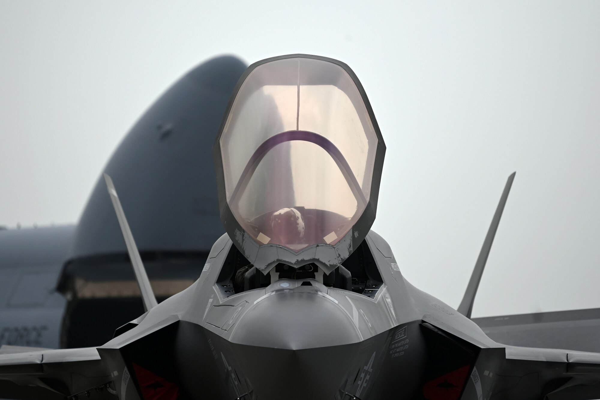 A U.S. Marine Corps F-35B Lightning II arrives at the 2023 Seoul International Aerospace and Defense Exhibition at Seoul Air Base, Republic of Korea, Oct. 19, 2023.