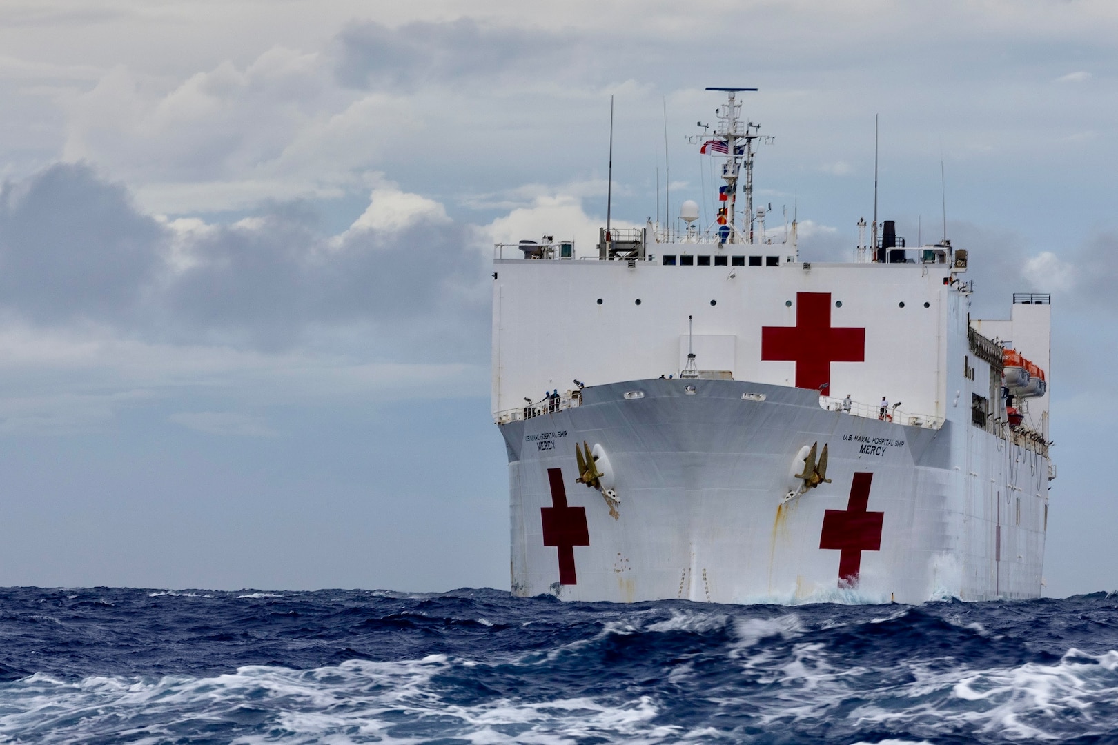 The hospital ship USNS Mercy (T-AH 19) prepares to anchor off the coast of Majuro, Republic of Marshall Islands, prior to its first mission stop for Pacific Partnership 2024-1 Oct. 30, 2023. Pacific Partnership, now in its 19th iteration, is the largest multinational humanitarian assistance and disaster relief mission in the Pacific and brings together more than 1000 participants from 8 partner and host nations. (U.S. Navy photo by Grady Fontana)