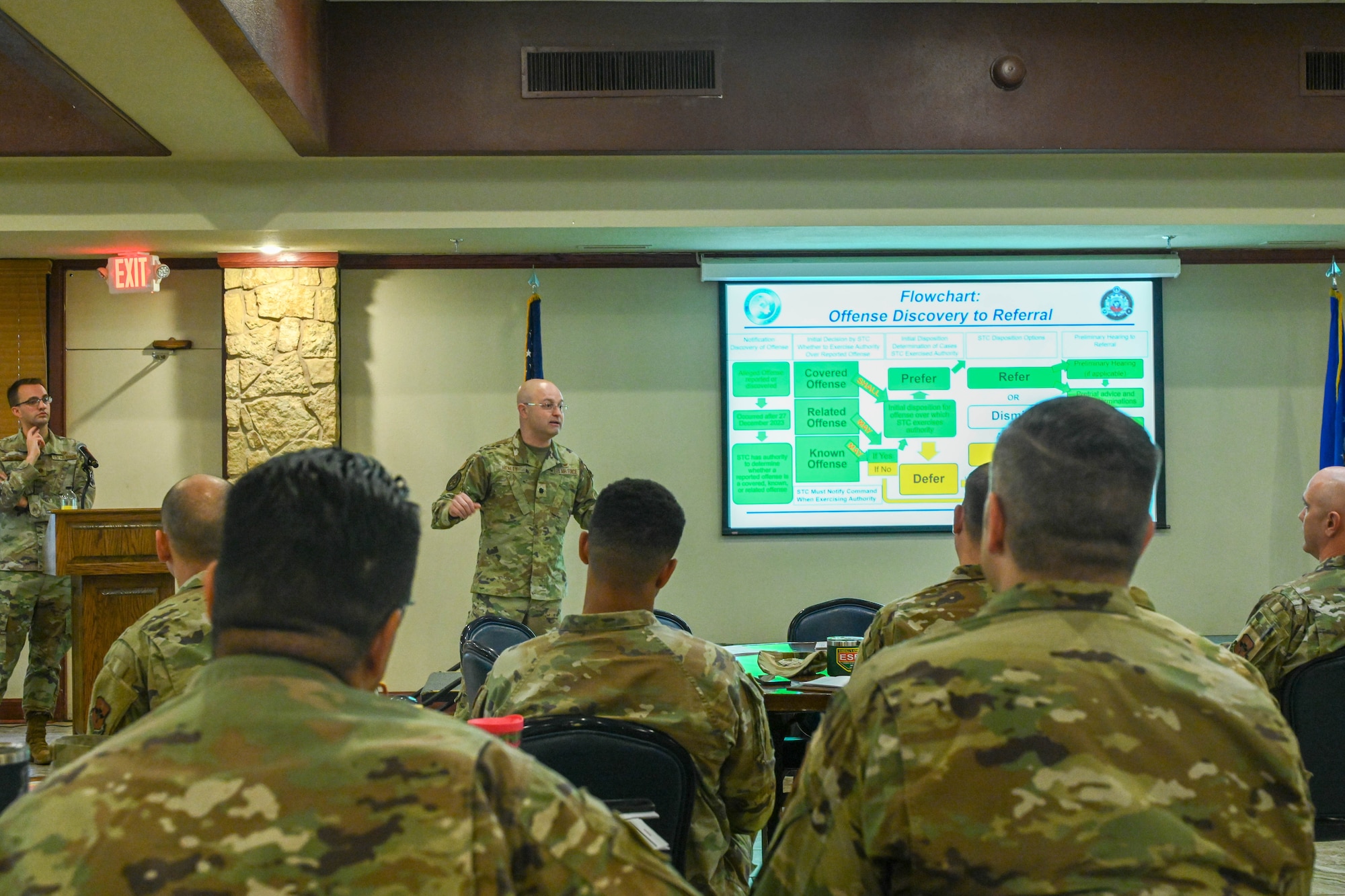 U.S. Air Force Lt. Col. Benjamin Henley, Secretary of the Air Force Office of Special Trials Council (OSTC) district chief, speaks during a military justice symposium at Altus Air Force Base, Oklahoma, Oct. 23, 2023. The OSTC is a new division of the Judge Advocate General’s Corps that will ensure prosecutorial decisions for covered offenses are fully independent from a member’s chain of command. (U.S. Air Force photo by Senior Airman Miyah Gray)