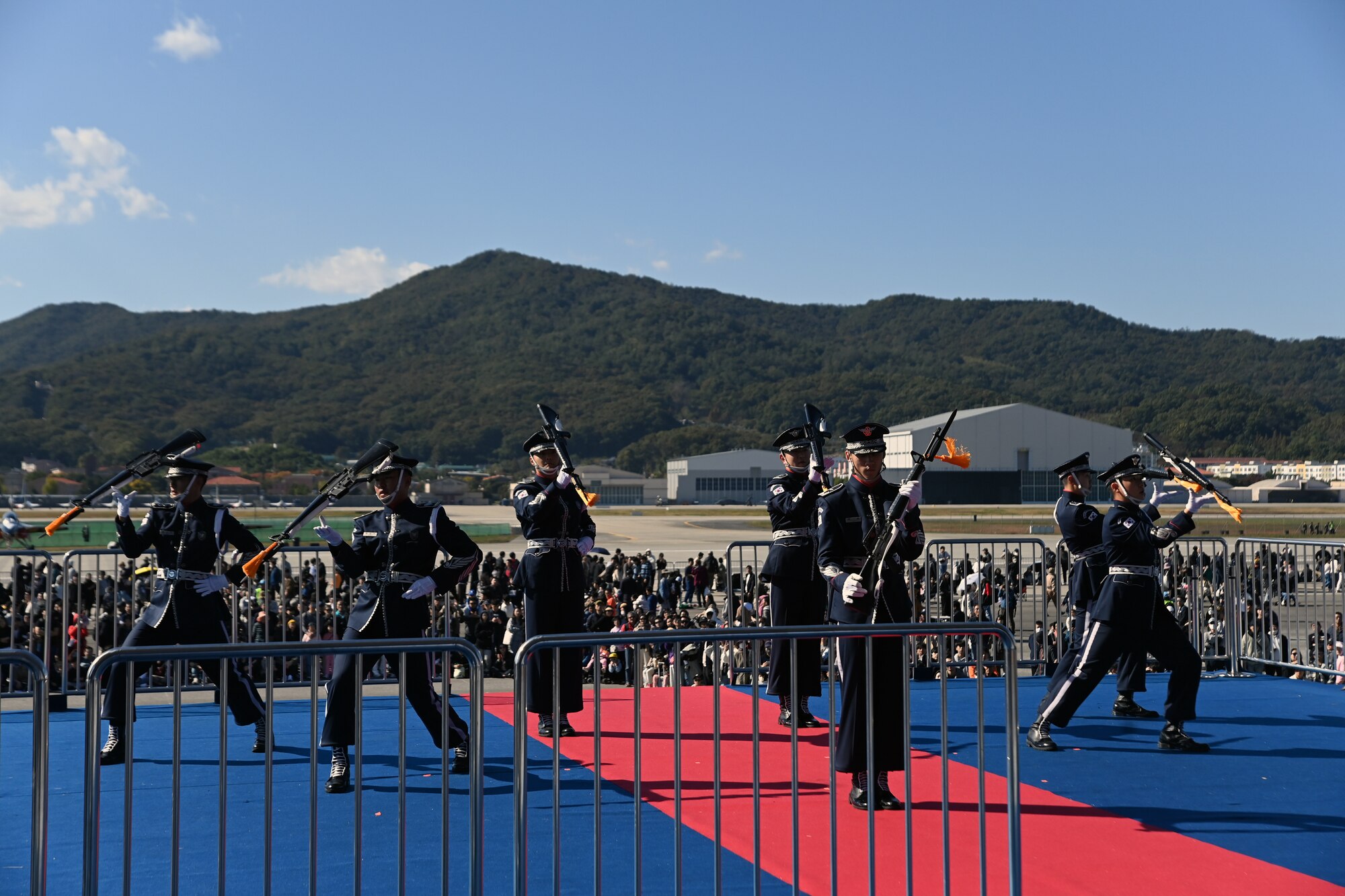 Republic of Korea Air Force members conduct a drill performance during the 2023 Seoul International Aerospace and Defense Exhibition at Seoul Air Base, Republic of Korea, Oct. 21, 2023.