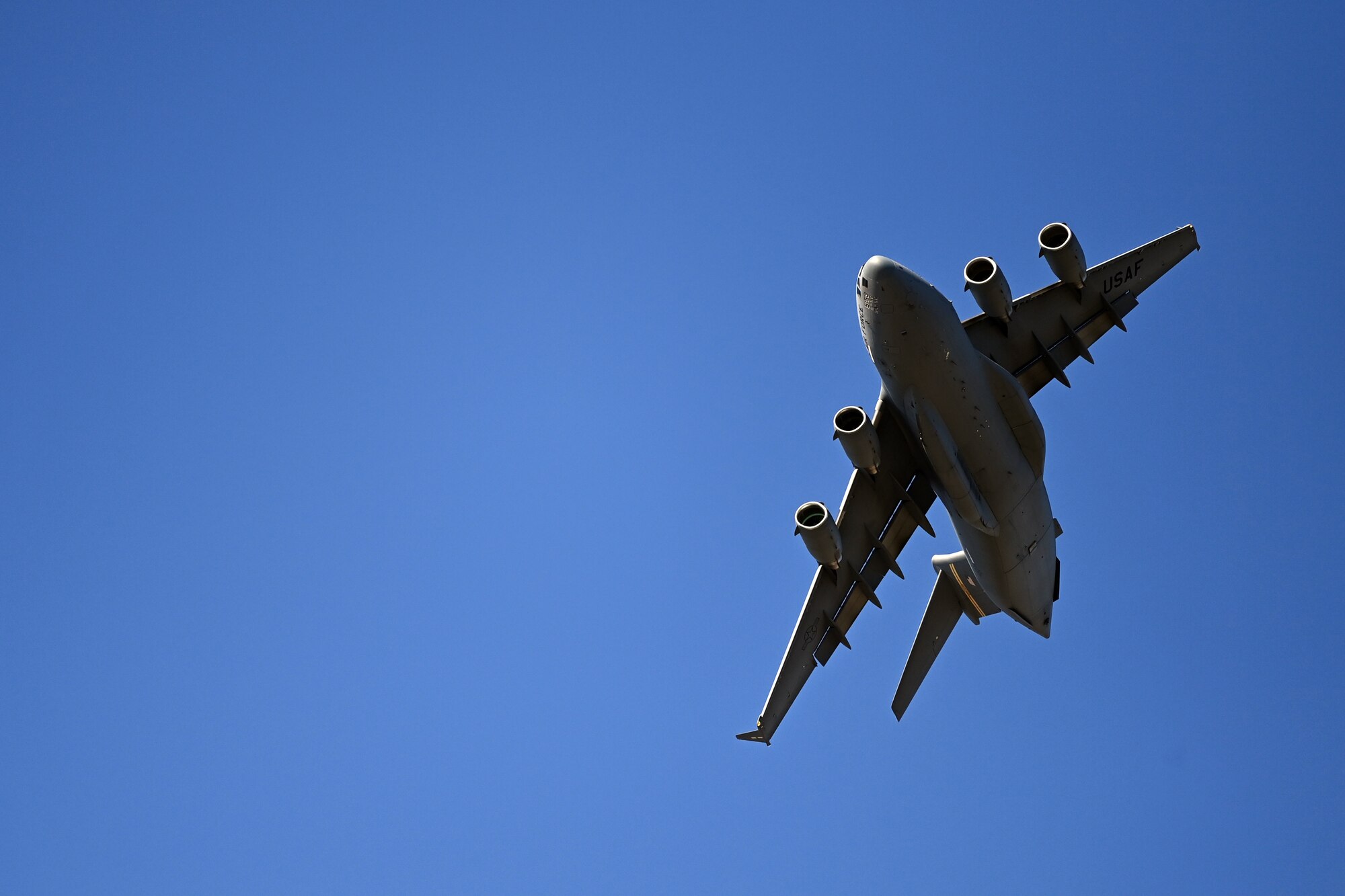 A U.S. Air Force C-17 Globemaster III conducts an aerial a demonstration at the 2023 Seoul International Aerospace and Defense Exhibition at Seoul Air Base, Republic of Korea, Oct. 20, 2023.