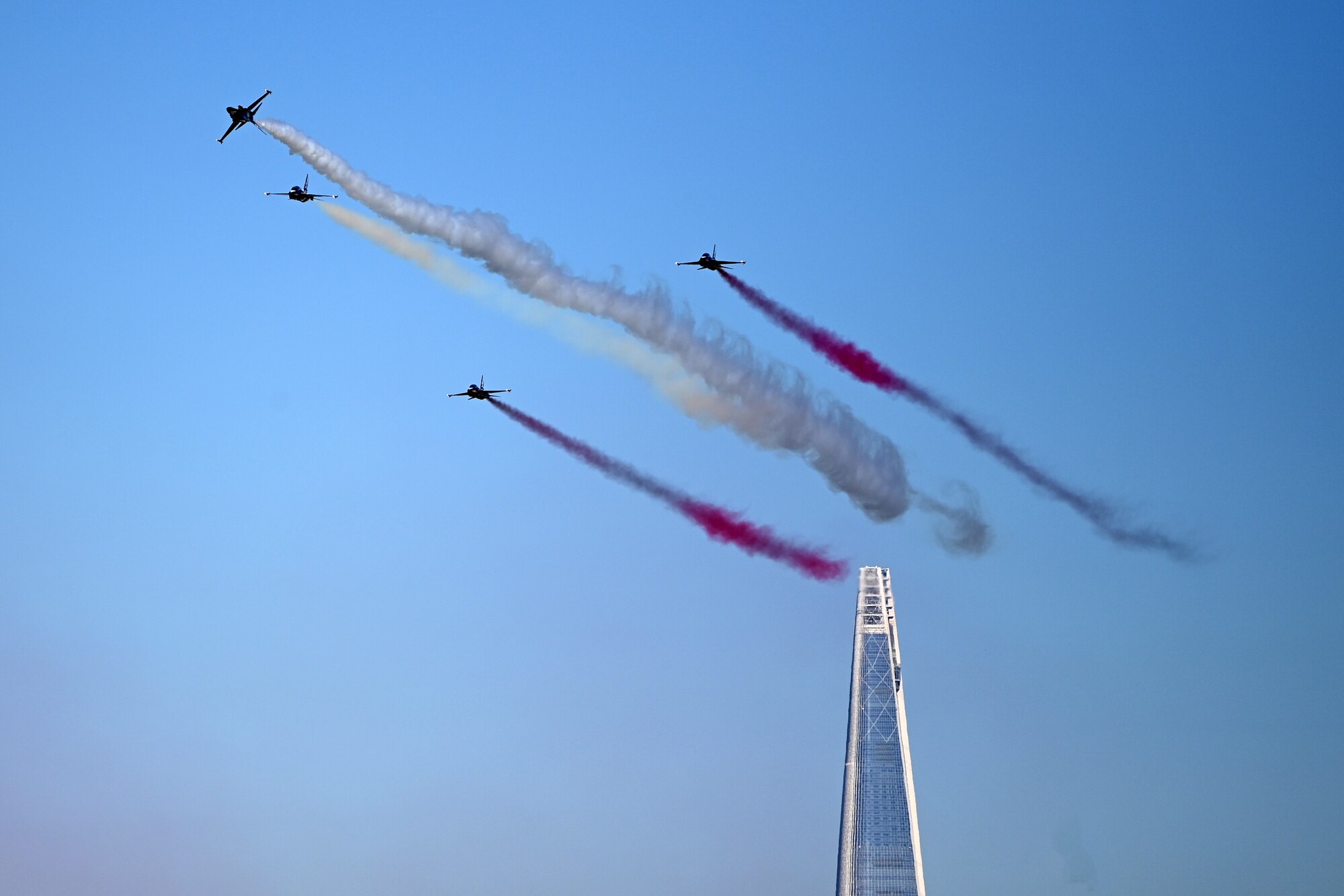 The Republic of Korea Air Force 53rd Air Demonstration Group, nicknamed the Black Eagles, perform aerial maneuvers during the 2023 Seoul International Aerospace and Defense Exhibition at Seoul Air Base, Republic of Korea, Oct. 22, 2023.