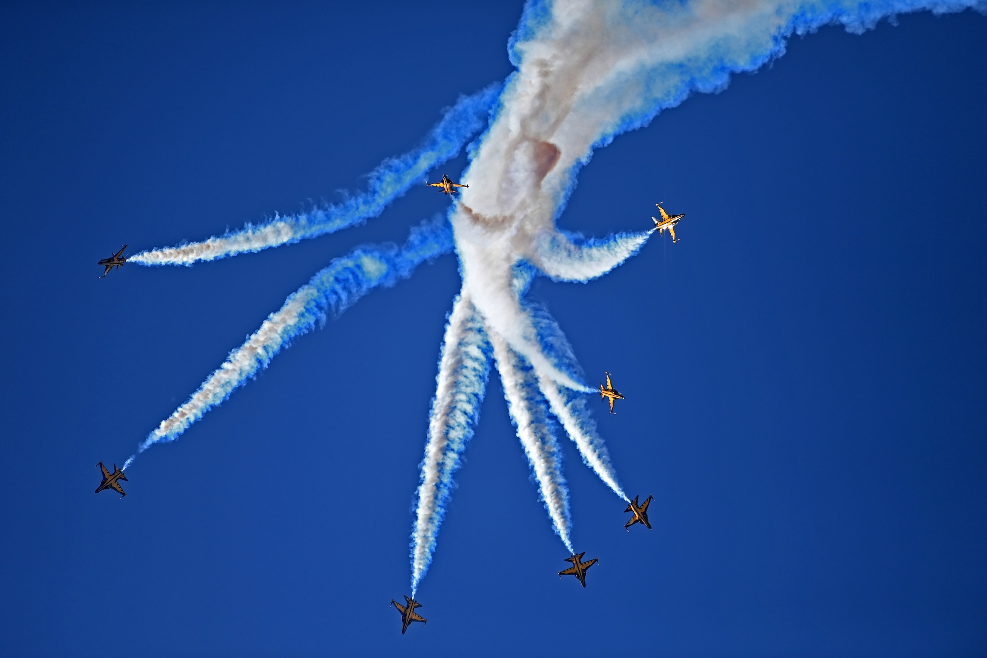The Republic of Korea Air Force 53rd Air Demonstration Group, nicknamed the Black Eagles, perform aerial maneuvers during the 2023 Seoul International Aerospace and Defense Exhibition at Seoul Air Base, Republic of Korea, Oct. 21, 2023.
