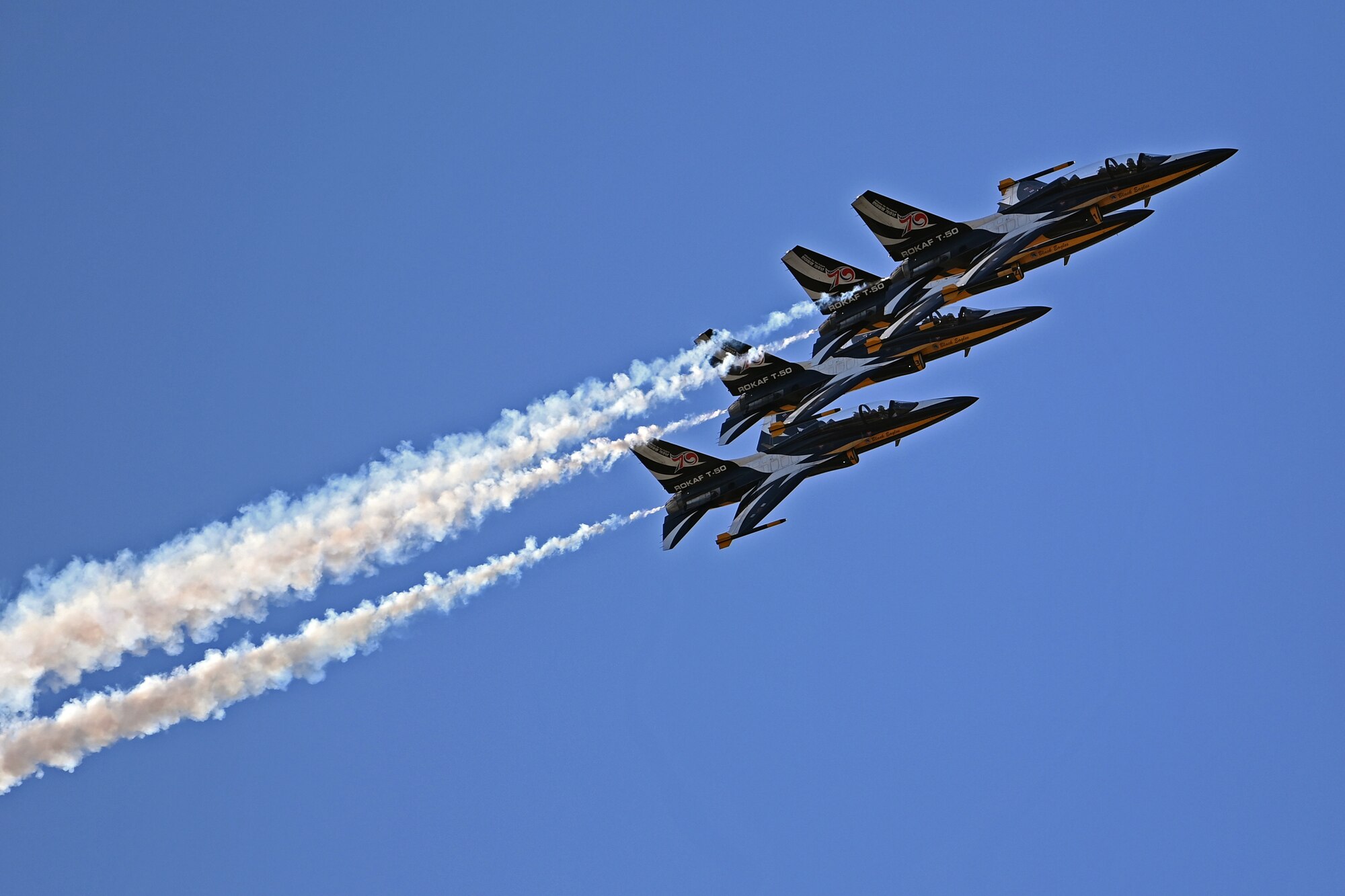 The Republic of Korea Air Force 53rd Air Demonstration Group, nicknamed the Black Eagles, perform aerial maneuvers during the 2023 Seoul International Aerospace and Defense Exhibition at Seoul Air Base, Republic of Korea, Oct. 21, 2023.
