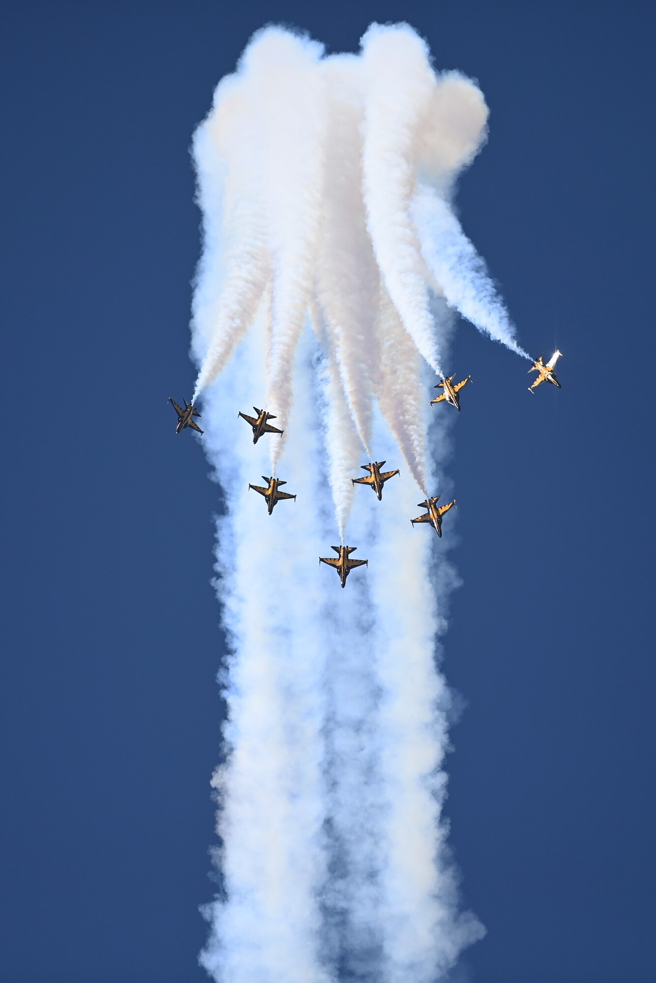 The Republic of Korea Air Force 53rd Air Demonstration Group, nicknamed the Black Eagles, perform aerial maneuvers during the 2023 Seoul International Aerospace and Defense Exhibition at Seoul Air Base, Republic of Korea, Oct. 22, 2023.