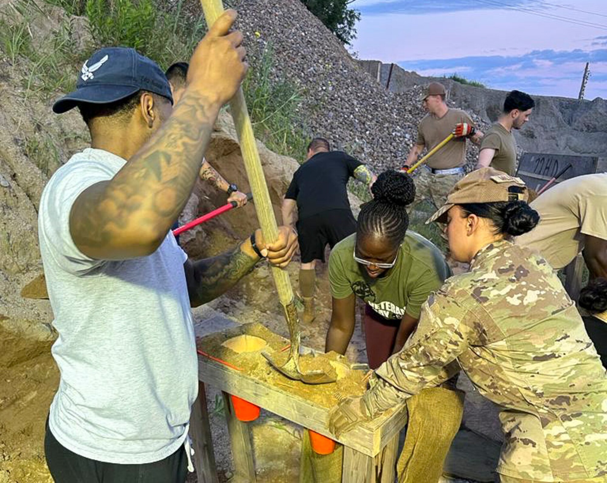 U.S. Air Force Airmen with the Base Operating Support-Integrator team, fill sandbags at Osan Air Base, Republic of Korea, on Aug. 1, 2023.