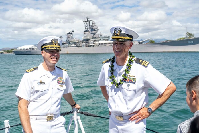 Cmdr. James Barclay, officer in charge of the Naval Undersea Warfare Center Division, Keyport, Detachment Pacific, was promoted during a ceremony on Joint Base Pearl Harbor-Hickam, Hawaii, Aug. 25, 2023.