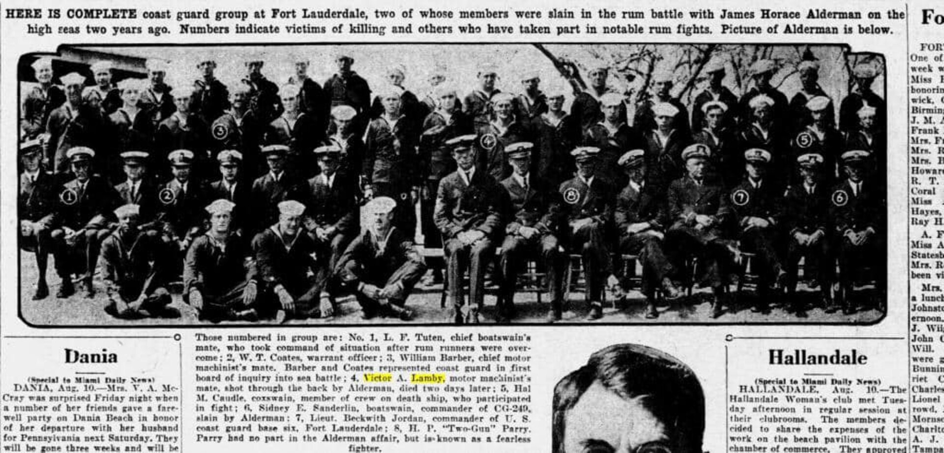 Cutting from an August 1929 issue of Miami Daily News showing the officers and enlisted men of Coast Guard Base Six. Two of the victims of the Alderman case are discernable in the faded photo. (Courtesy of Joseph Mercogliano)