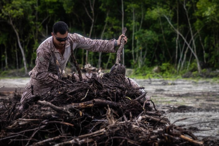 U.S. Marine Corps Cpl. Juan Perez, a heavy equipment operator with Marine Corps Engineer Detachment Palau, removes brush as part of a runway clearing project on Peleliu, Republic of Palau, August 3, 2023. During this rotational deployment, Navy Seabees and Marine Corps engineers undertake infrastructure projects which benefit local populations in the Indo-Pacific and enhance the United States’ ability to render support and aid in response to disasters or other crises.