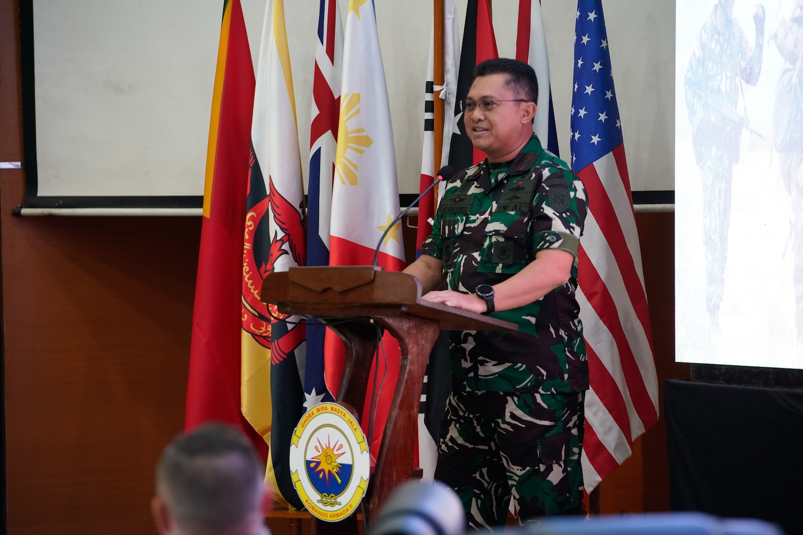 ADM Edi, Commander Guspurla Koormada 2, Tentara Nasional Indonesia (TNI), delivers his opening remarks during the opening ceremony of staff exercise portion of Super Garuda Shield 2023 (SGS23) August 31, 2023, Surabaya Indonesia. #SuperGarudaShield 2023 is an annual exercise that has significantly grown in scope and size since 2009. #SGS2023 is the second consecutive time this exercise has grown into a combined and #joint event, highlighting the 6 participating and 12 observing nations’ commitment to #partnership and a #freeandopenindopacific. (US Air National Guard Photo by Air Force Master Sgt. Andrew Lee Jackson)