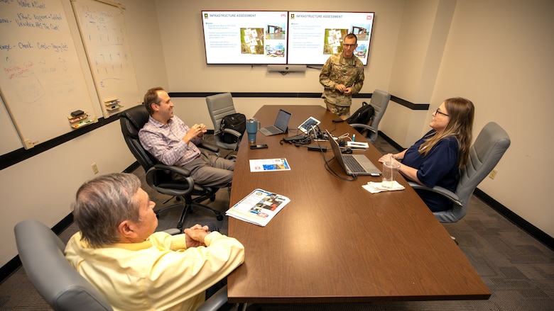Col. Rhett Blackmon, U.S. Army Corps of Engineers (USACE), Galveston District (SWG) commander, center, Donna Williams, USACE, New Orleans District (MVN), Internal Review (IR) chief, right, Albert Hervey, Galveston District (SWG) IR chief, lower left and Geoffrey Veuleman, SWG IR auditor, left, meet in the Jadwin Building, Aug. 31, 2023.