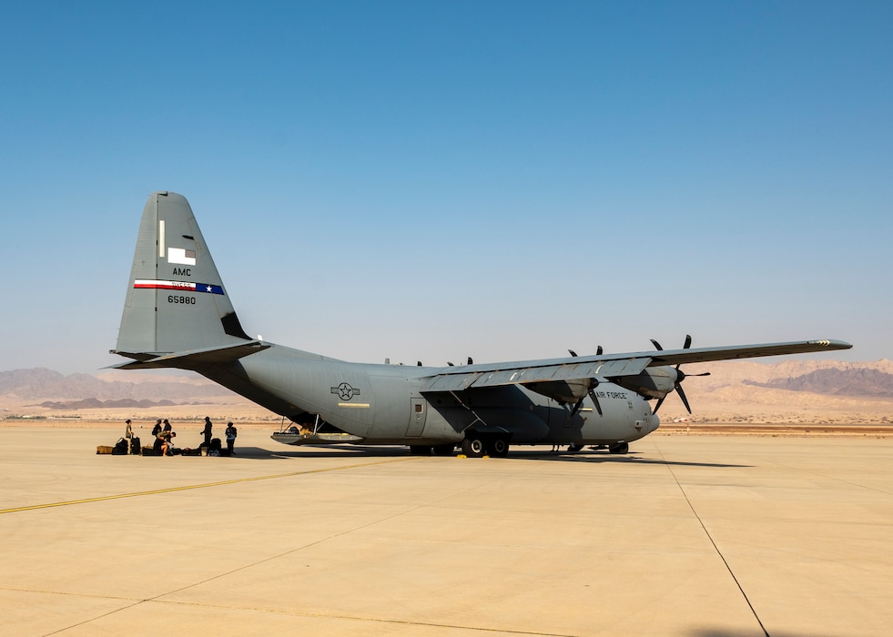 A U.S. Air Force C-130J aircraft, assigned to the 386th Air Expeditionary Wing, prepares for departure from a remote location as part of Operation Agile Spartan.