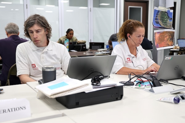 A man and a woman sit at a desk and work on laptop computers