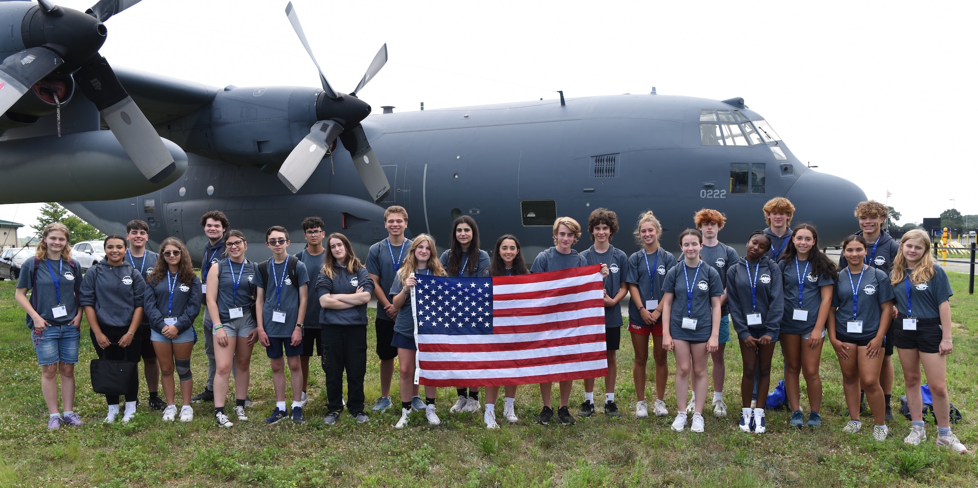 STEM Camp Class 1 pose for a group photo at Westhampton Beach, N.Y., Aug. 5, 2023. The science, technology, engineering and math camp is a comprehensive approach with blocks of instruction and hands-on teamwork, for practical application leading to a military capstone event. (U.S. Air National Guard photo by Staff Sgt. Sean Madden)