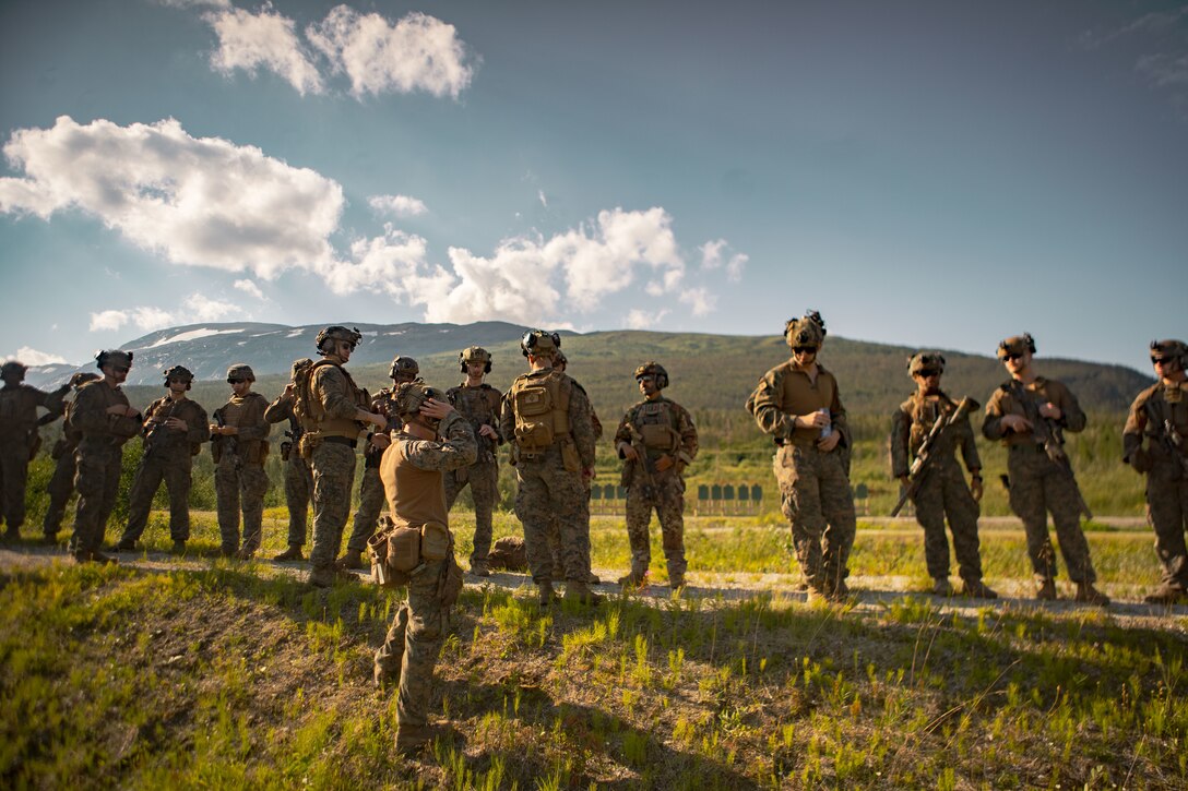 U.S. Marines with the Battalion Landing Team 1st Battalion, 6th Marines, 26th Marine Expeditionary Unit (Special Operations Capable) (MEU(SOC)) Bravo Command Element, and service members from the Italian Marines San Marco Brigade, participate in an integrated live-fire range as part of a Norwegian Bilateral Exercise in Setermoen, Norway, Aug. 8, 2023. The San Antonio-class amphibious transport dock ship USS Mesa Verde (LPD 19), assigned to the Bataan Amphibious Ready Group and embarked 26th MEU(SOC), under the command and control of Task Force 61/2, is on a scheduled deployment in the U.S. Naval Forces Europe area of operations, employed by U.S. Sixth Fleet to defend U.S., allied and partner interests. (U.S. Marine Corps photo by Cpl. Michele Clarke)