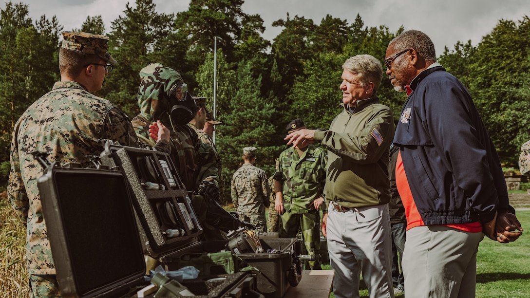 U.S. Marines with Marine Wing Support Squadron 271, under tactical control of Task Force 61/2, interact with members of the U.S. House of Representatives at a static display during Exercise Archipelago Endeavor 23 in Sweden on Sept. 1, 2023. Exercise Archipelago Endeavor is an integrated, Swedish Armed Forces-led exercise that increases operational capability and enhances strategic cooperation between the U.S. Marines and Swedish forces. (U.S. Marine Corps photo by Lance Cpl. Emma Gray)
