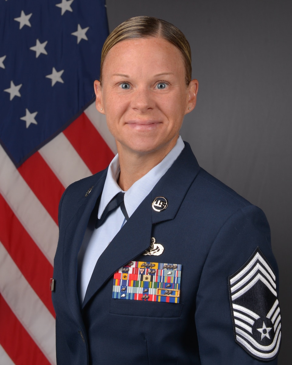 U.S. Air force Chief Master Sergeant Karissa L. Gunter, Space Launch Delta 45 Senior Enlisted Airman poses for official photo at Patrick Space Force Base, Florida, Sept. 5, 2023.