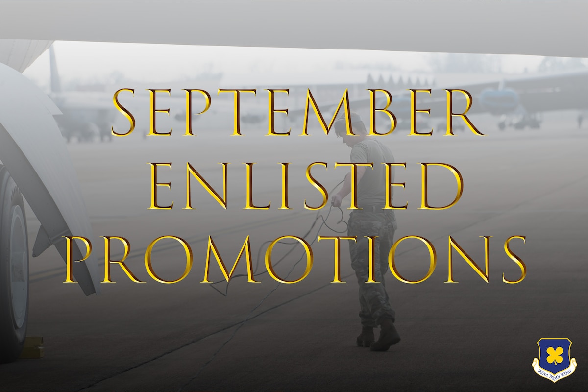 Photo of Airman working on flightline with words September Enlisted Promotion embossed on top