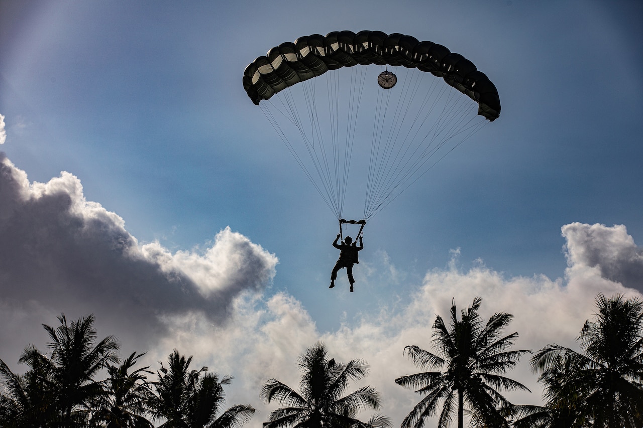 A soldier in silhouette parachutes to the ground during daylight.