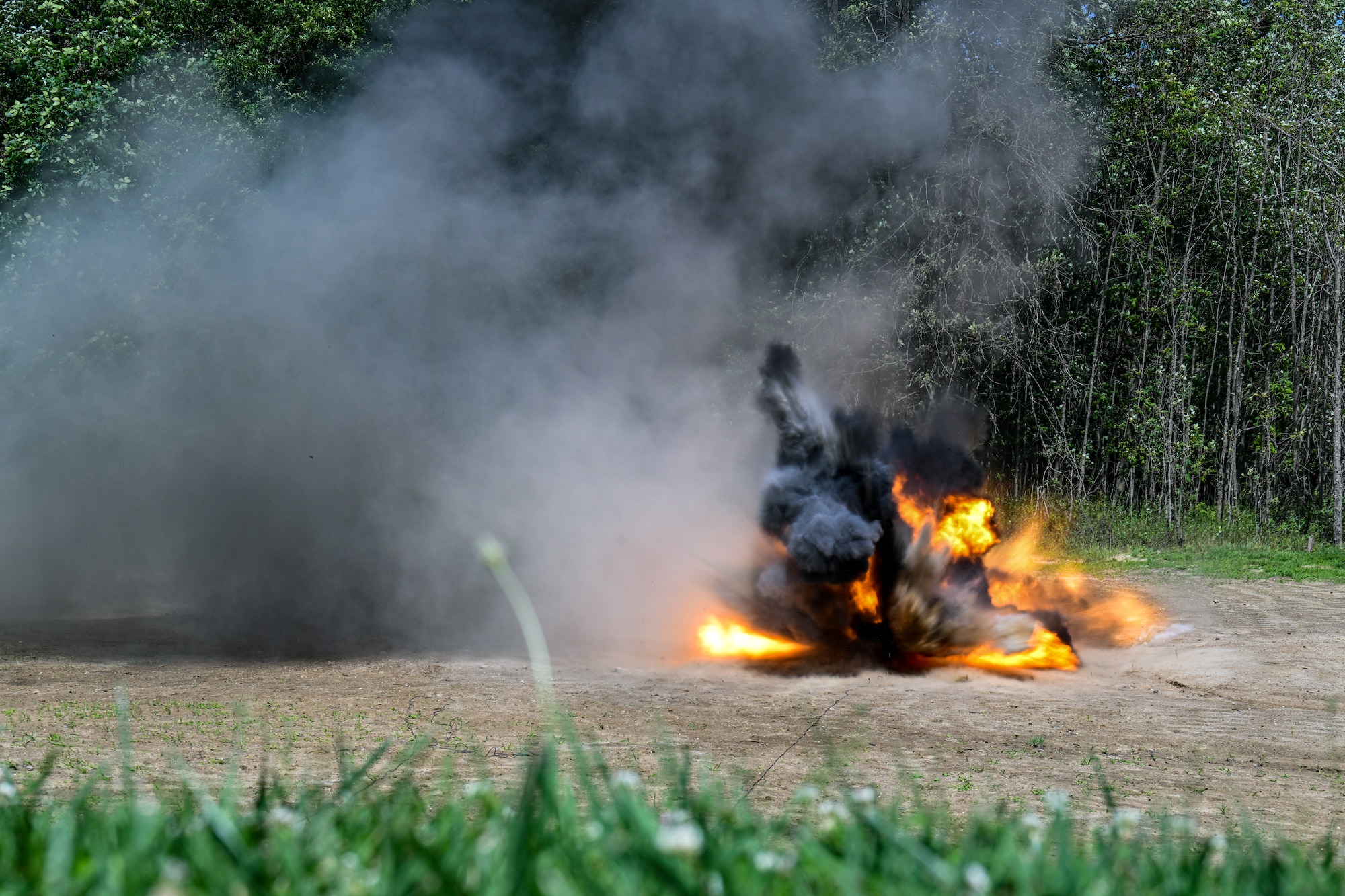A claymore detonates during an Integrated Defense Leadership Course exercise on Aug. 15, 2023, at Camp James A. Garfield Joint Military Training Center, Ohio.