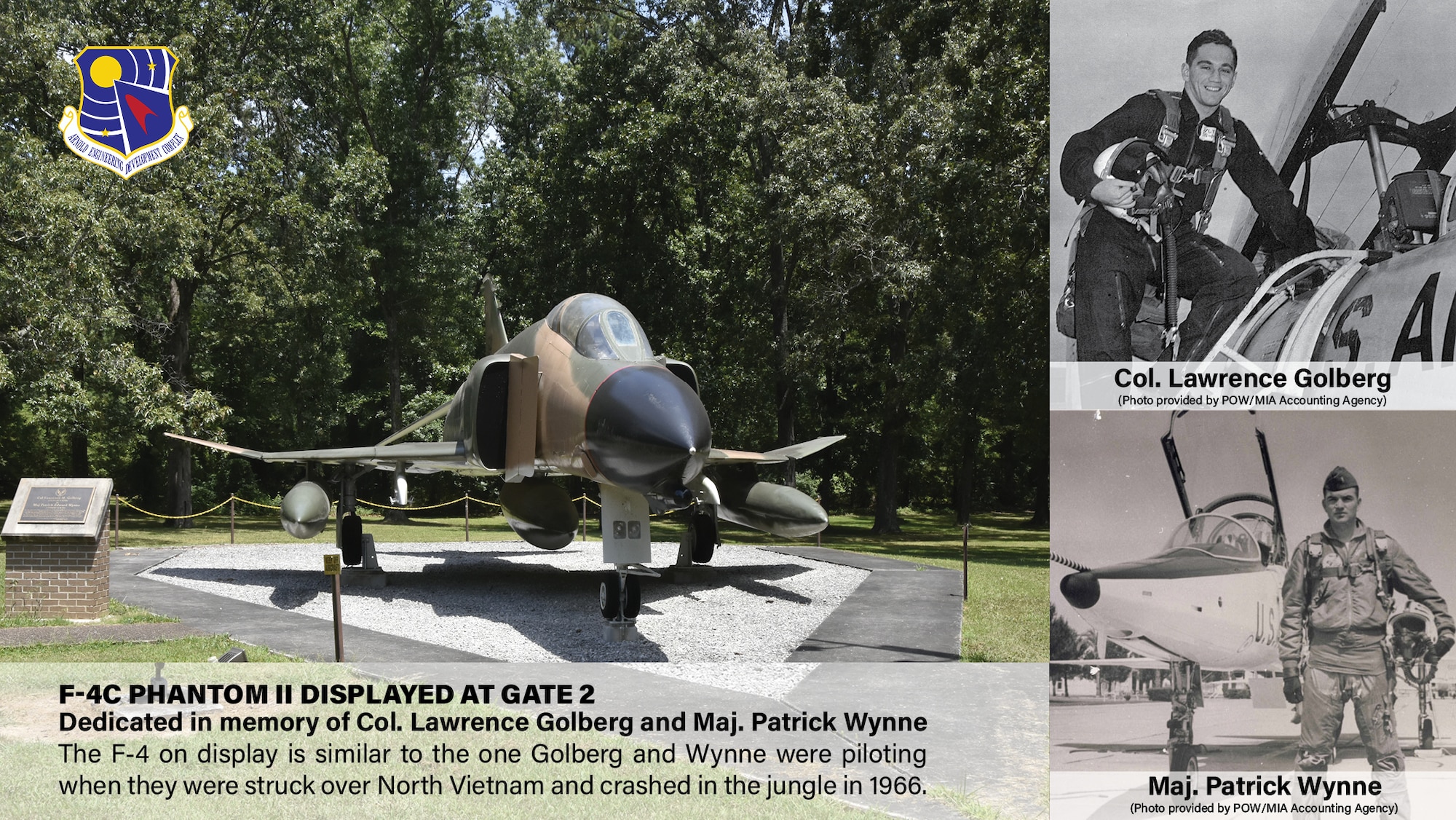 The static F-4C Phantom II on display outside Gate 2 at Arnold Air Force Base, Tenn., is dedicated to Col. Lawrence Golberg and Maj. Patrick Wynne. The F-4 on display is similar to the one Golberg and Wynne were flying when they were struck over North Vietnam and crashed in the jungle in 1966. Their remains were located and returned to the U.S a little more than a decade later. The display was dedicated in memory of Golberg and Wynne during a Nov. 27, 2007, ceremony. (U.S. Air Force graphic by Brooke Brumley)