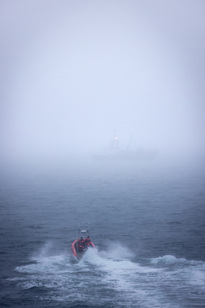 Alex Haley crewmembers prepare to conduct a commercial fisheries boarding in the Bering Sea, July 15, 2023. The Alex Haley is a 282-foot Medium Endurance Cutter that performs search and rescue, fisheries law enforcement and vessel safety inspections across Alaska and has been home-ported in Kodiak since 1999. U.S. Coast Guard Photo by Petty officer First Class Jasen Newman.