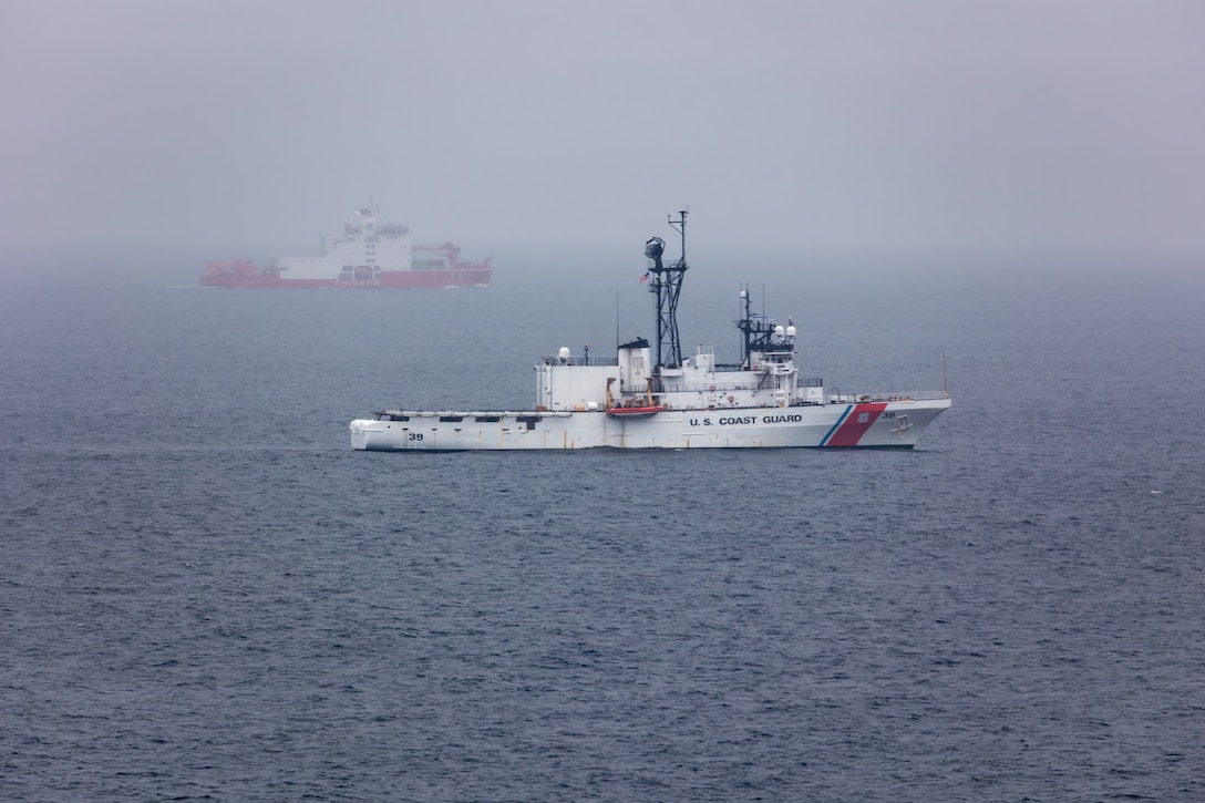 The Alex Haley transits alongside the Coast Guard Cutter Healy in the Bering Sea July, 22, 2023. Nicknamed the “Bulldog of the Bering,” the Alex Haley and crew supported multiple strategic level objectives for the Seventeenth Coast Guard District and the U.S. Northern Command, including providing presence along the U.S. Maritime Boundary Line and supporting U.S. Navy assets during a transit through the Bering Sea.